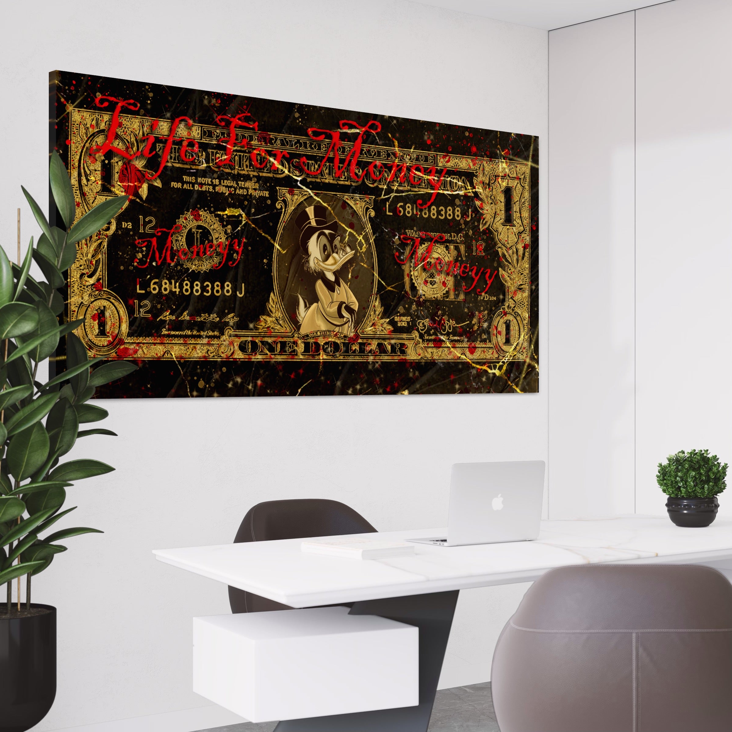 Tablou Canvas Premium LuxCanva® B1032, Life For Money , Decorativ, Donald Duck, Bani, Dolari, Motivational, Culori Vibrante