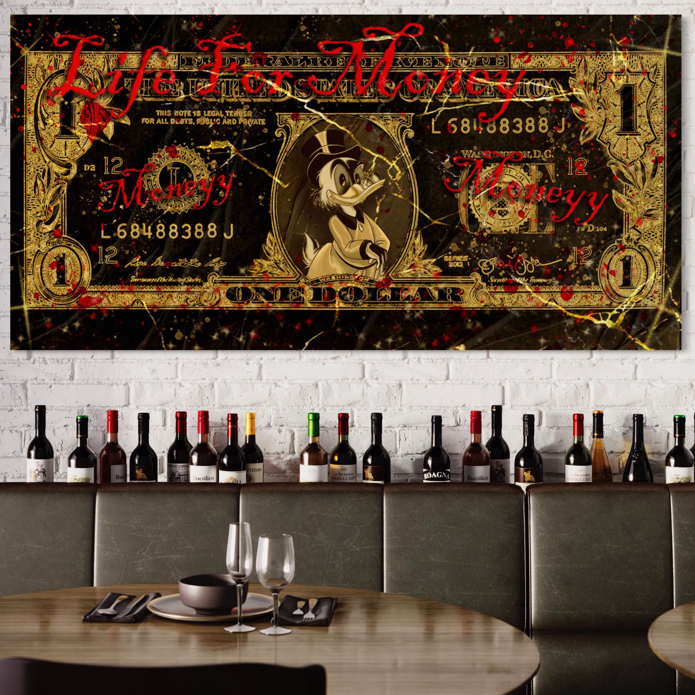 Tablou Canvas Premium LuxCanva® B1032, Life For Money , Decorativ, Donald Duck, Bani, Dolari, Motivational, Culori Vibrante