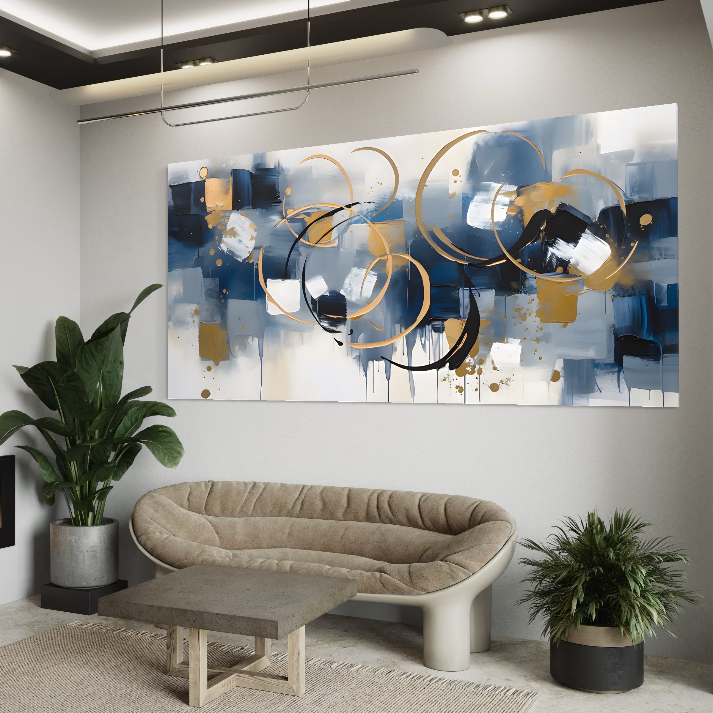 Tablou Canvas Premium LuxCanva® C1243 WhIte Gold And Blue Painting , Relaxare, Living Room, Culori Vibrante
