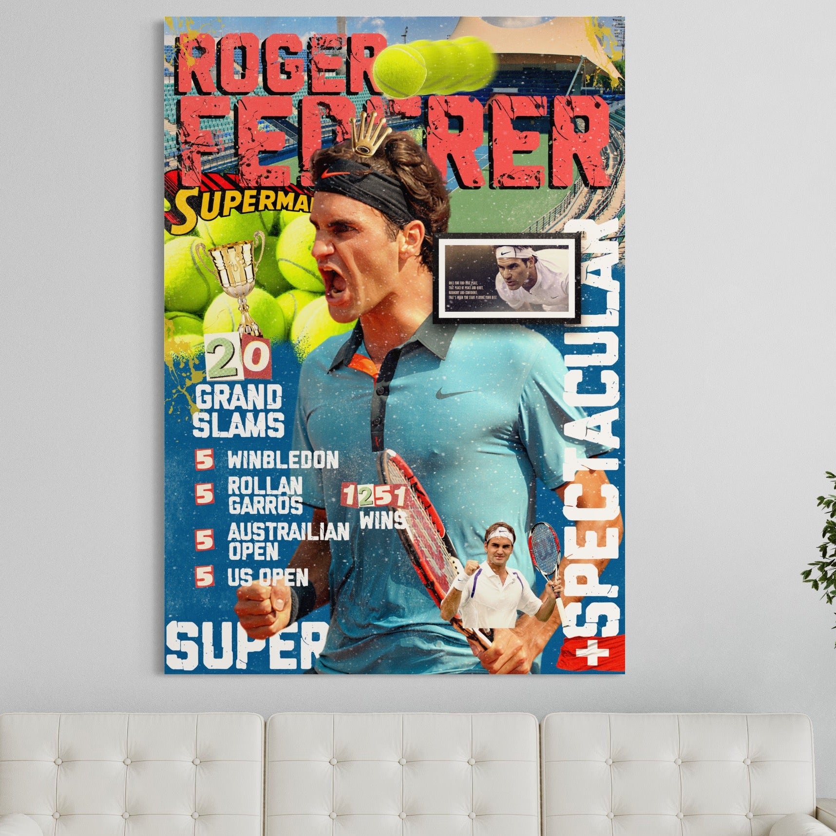 Tablou Canvas Premium LuxCanva® B1004, Roger Federer , Decorativ, Sportiv, Vedete, Tenis, Campioni, Culori Vibrante