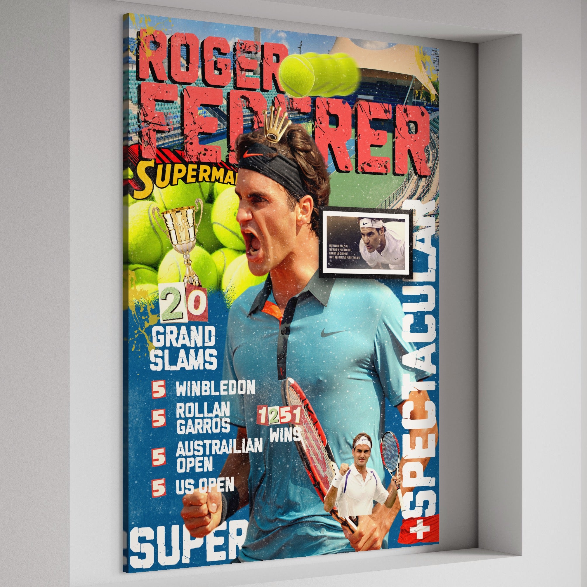 Tablou Canvas Premium LuxCanva® B1004, Roger Federer , Decorativ, Sportiv, Vedete, Tenis, Campioni, Culori Vibrante