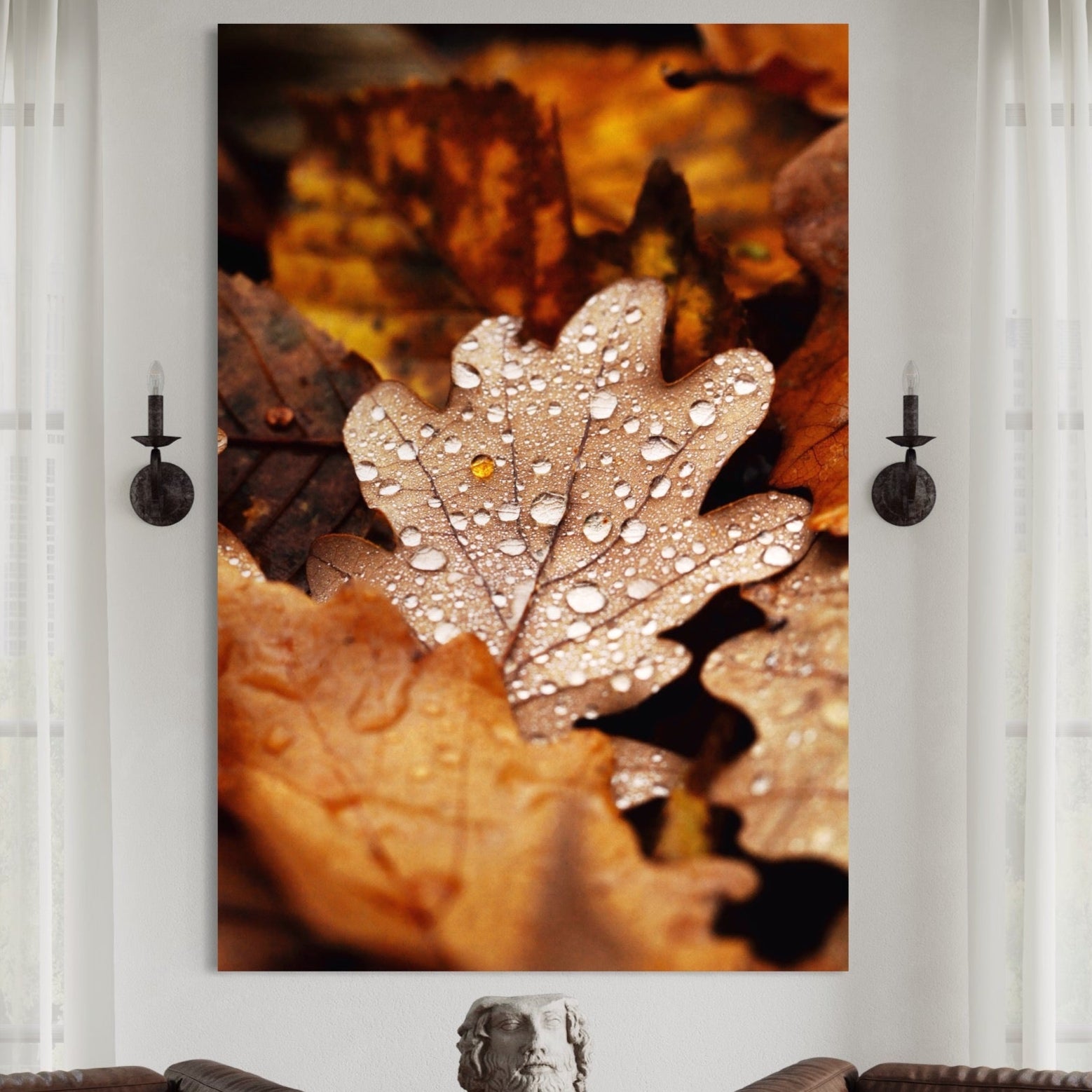 Tablou Canvas Premium LuxCanva® A1362, Picaturi De Roua ,  Living, Frunza, Stejar, Toamna, Aramiu, Natura, Culori Vibrante