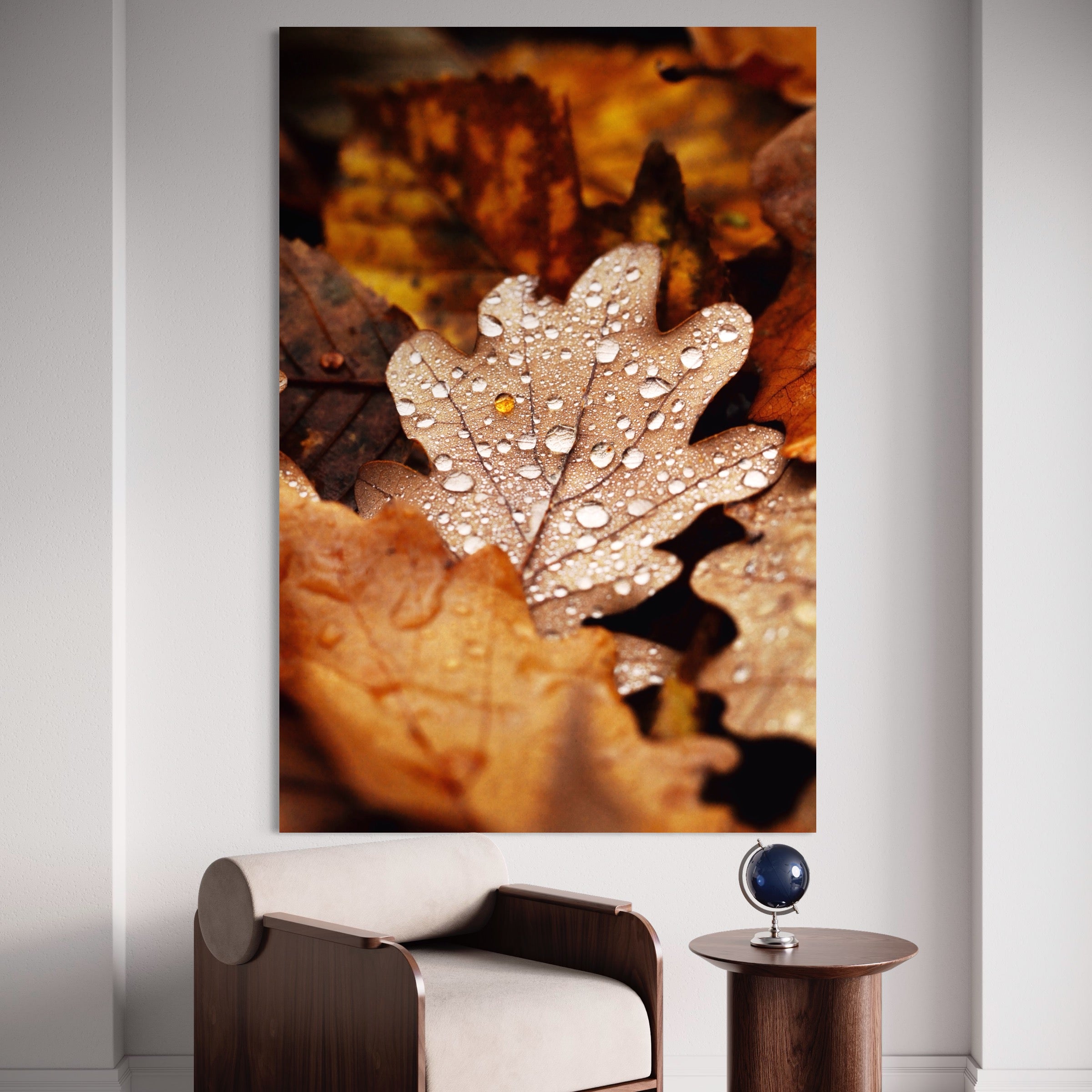 Tablou Canvas Premium LuxCanva® A1362, Picaturi De Roua ,  Living, Frunza, Stejar, Toamna, Aramiu, Natura, Culori Vibrante