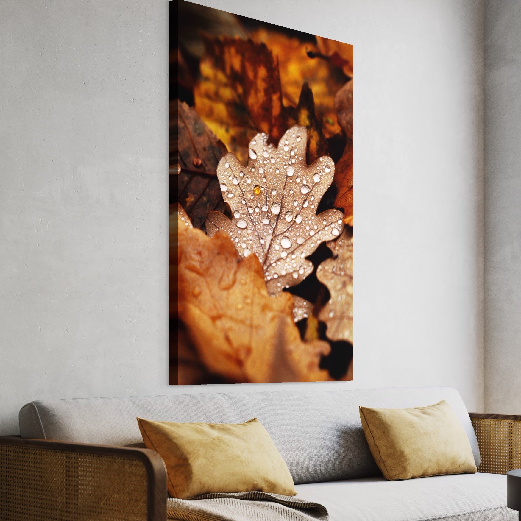 Tablou Canvas Premium LuxCanva® A1362, Picaturi De Roua ,  Living, Frunza, Stejar, Toamna, Aramiu, Natura, Culori Vibrante