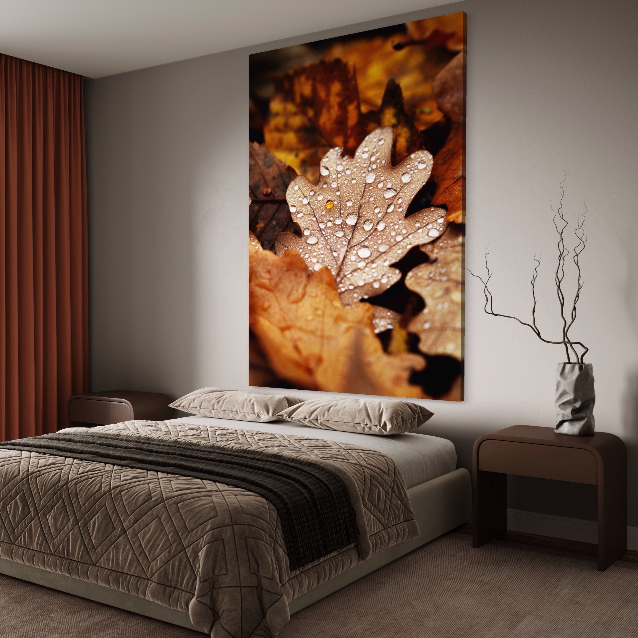 Tablou Canvas Premium LuxCanva® A1362, Picaturi De Roua ,  Living, Frunza, Stejar, Toamna, Aramiu, Natura, Culori Vibrante