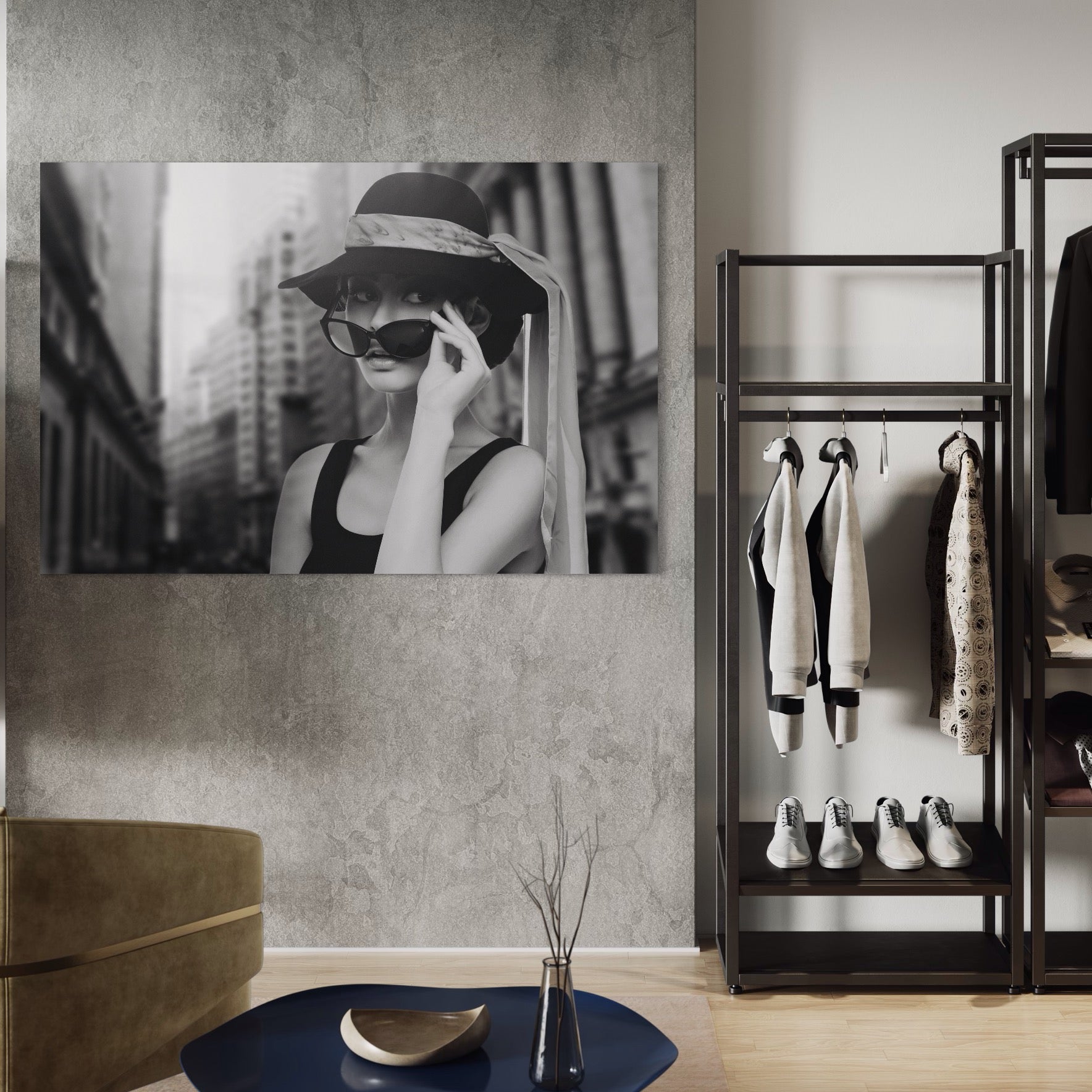 Tablou Canvas Premium LuxCanva® A1356, Beautiful Girl , Frumusete, Oras, Palarie, Ochelari, Living, Alb-Negru