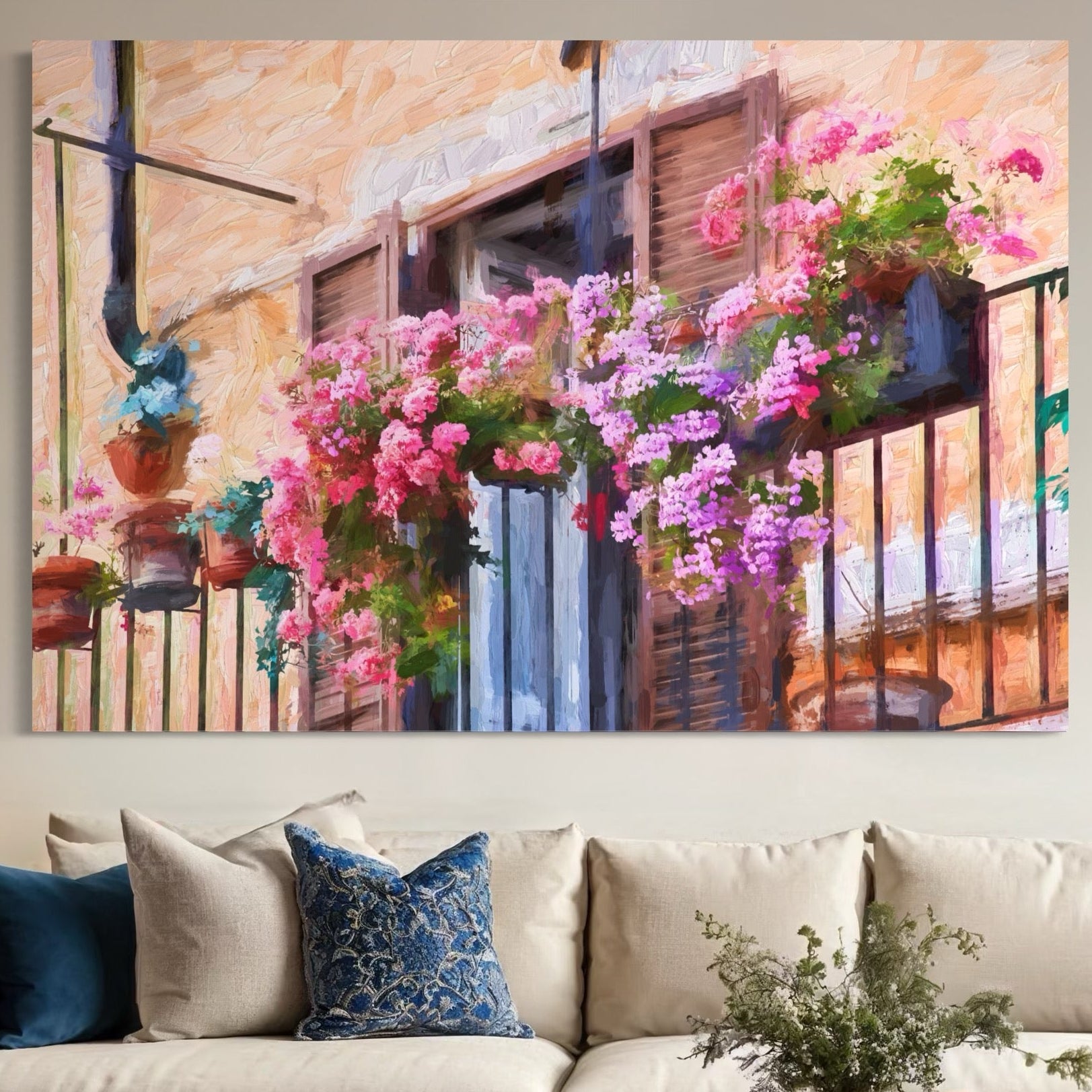 Tablou Canvas Premium LuxCanva® C1005, Balcon Cu Flori , Living, Strada, Vacanta, Flori, Balcon, Culori Vibrante