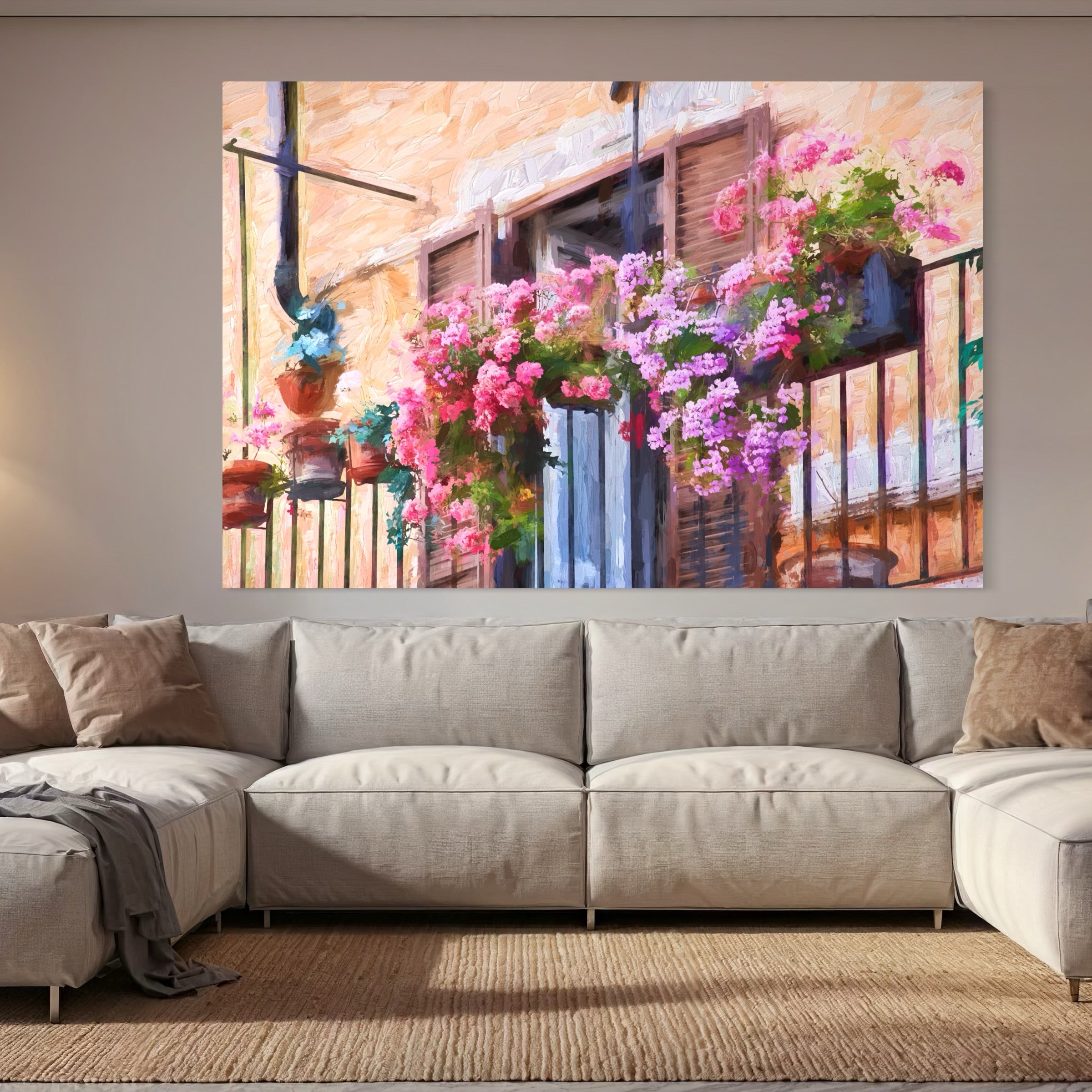 Tablou Canvas Premium LuxCanva® C1005, Balcon Cu Flori , Living, Strada, Vacanta, Flori, Balcon, Culori Vibrante