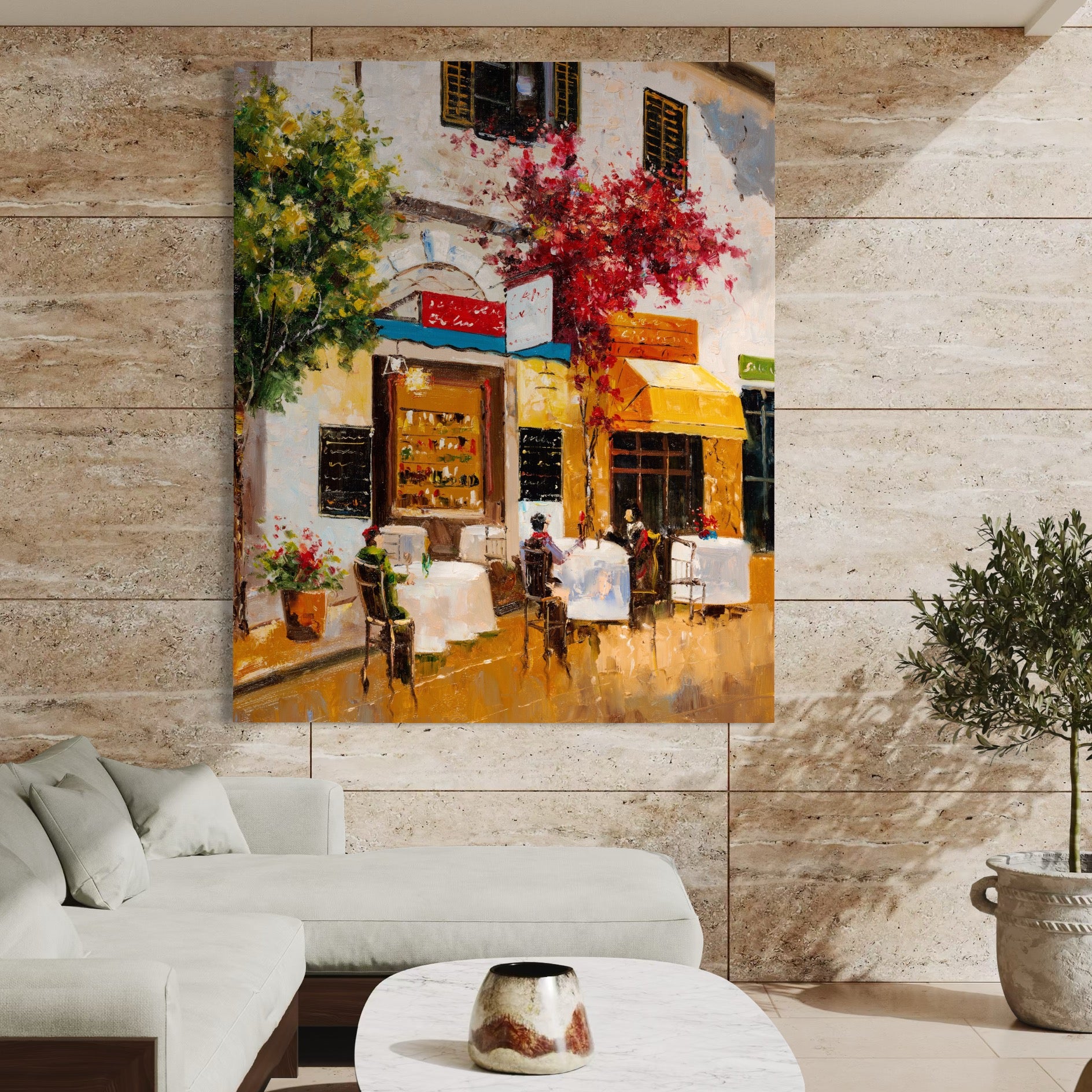 Tablou Canvas Premium LuxCanva® C1006, Terasa , Living, Strada, Vacanta, Cafea, Primavara, Relaxare, Culori Vibrante