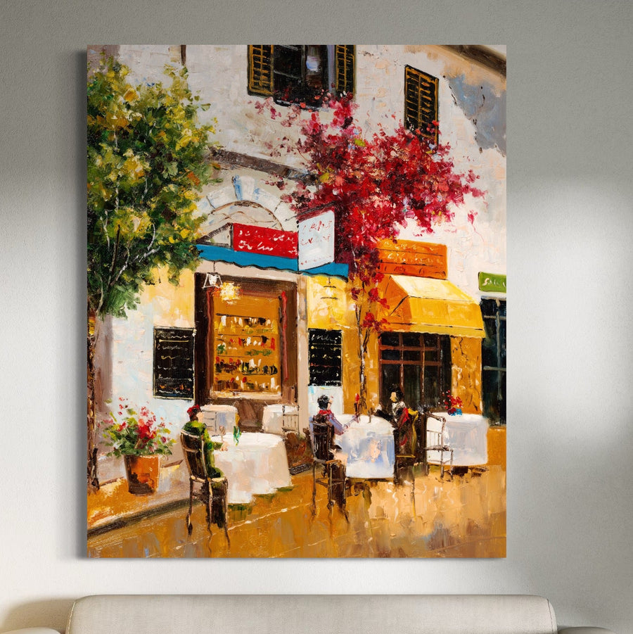 Bucurați-vă de "Tablou Canvas Premium LuxCanva® C1006" - o pictură vibrantă a unei cafenele animate în aer liber, cu verdeață, flori și copertine colorate. Perfectă pentru spațiul dvs. de locuit. Imprimare pe pânză Premium de la LuxCanva®.