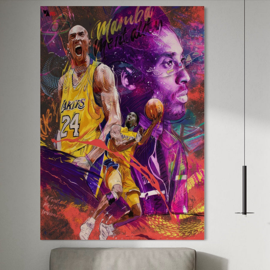 Tablou Canvas Premium LuxCanva® A1353 îl surprinde pe Kobe Bryant în culori vibrante, cu text Mamba Mentality, fiind ideal pentru decorul din living sau deasupra canapelei.
