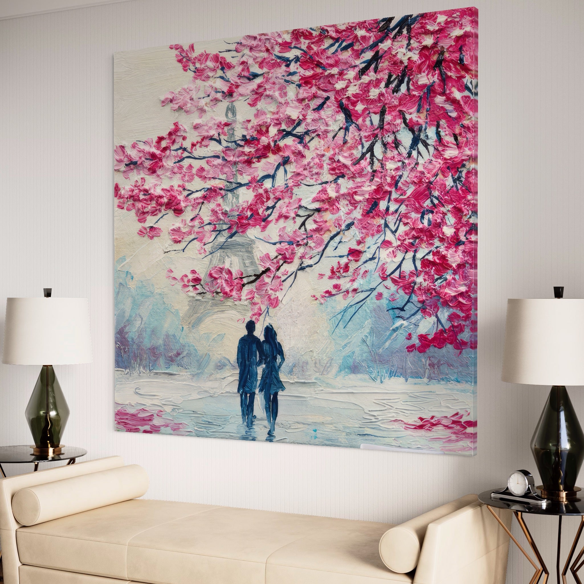Tablou Canvas Premium LuxCanva® A1347, Pink Tree , Studio, Cuplu, Romantic, Turnul Eiffel, Iubire, Culori Vibrante