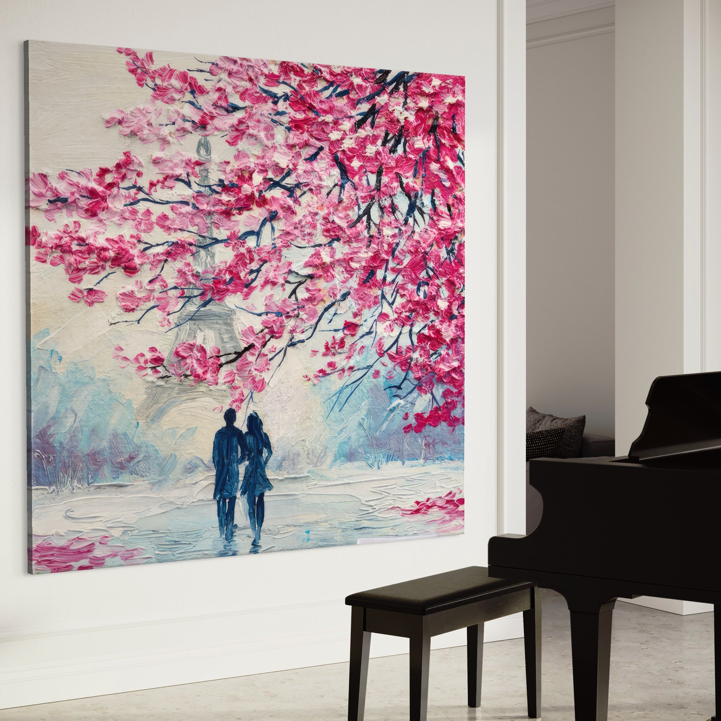 Tablou Canvas Premium LuxCanva® A1347, Pink Tree , Studio, Cuplu, Romantic, Turnul Eiffel, Iubire, Culori Vibrante