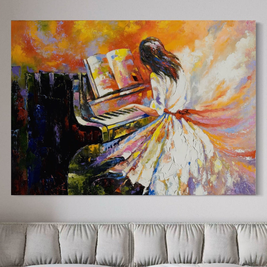 Adăugați stil vibrant spațiului dvs. cu Tablou Canvas Premium LuxCanva® C1008 - această imprimare premium de la LuxCanva® prezintă o femeie care cântă la pian în culori vii, perfectă pentru camerele de zi, camerele copiilor sau colecția dvs. de pânze.