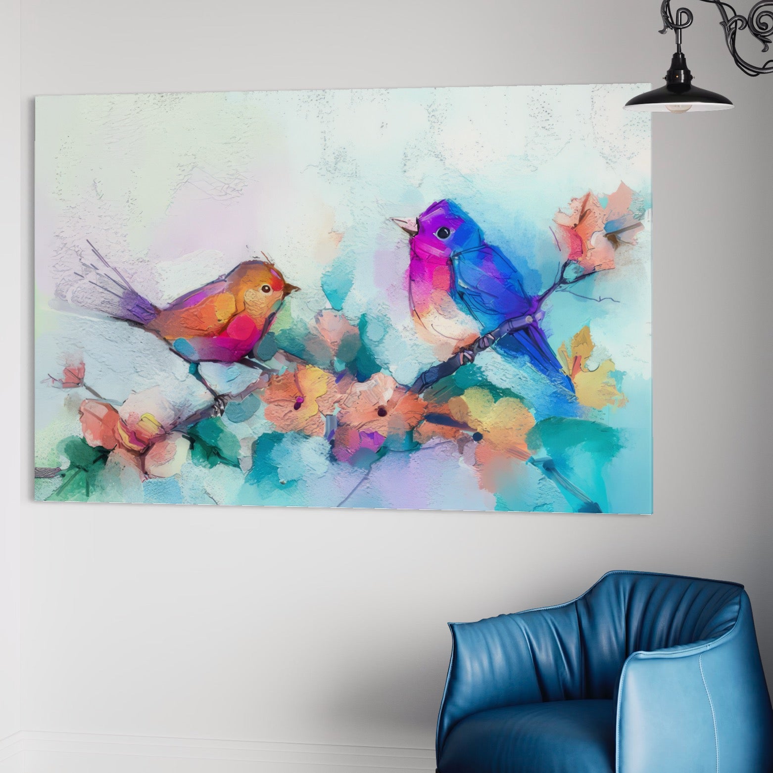 Tablou Canvas Premium LuxCanva® A1335, Two Birds ,  Living, Pasari, Flori, Multicolor, Dormitor, Culori Vibrante