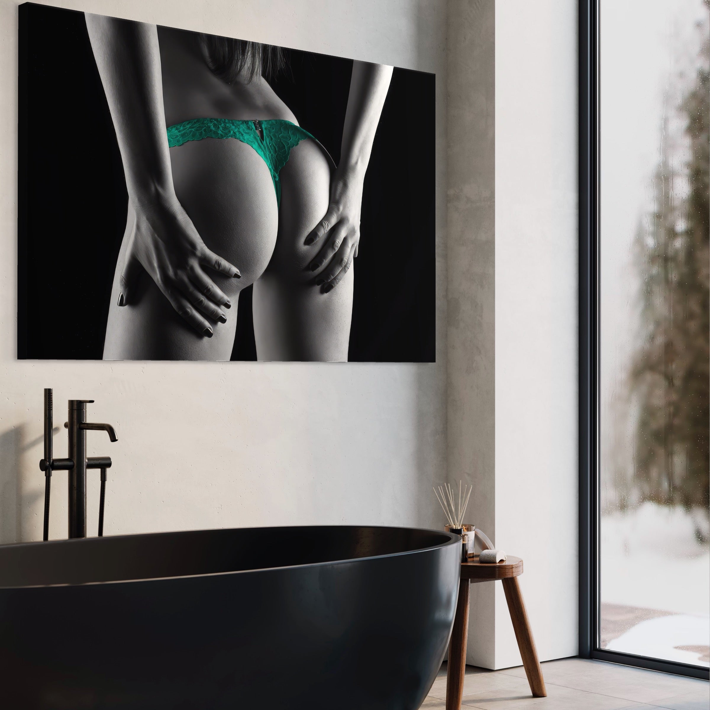 Tablou Canvas Premium LuxCanva® A1334, Green Underwear , Studio, Sexi Nude, Senzual, Erotic, Dormitor, Culori Vibrante