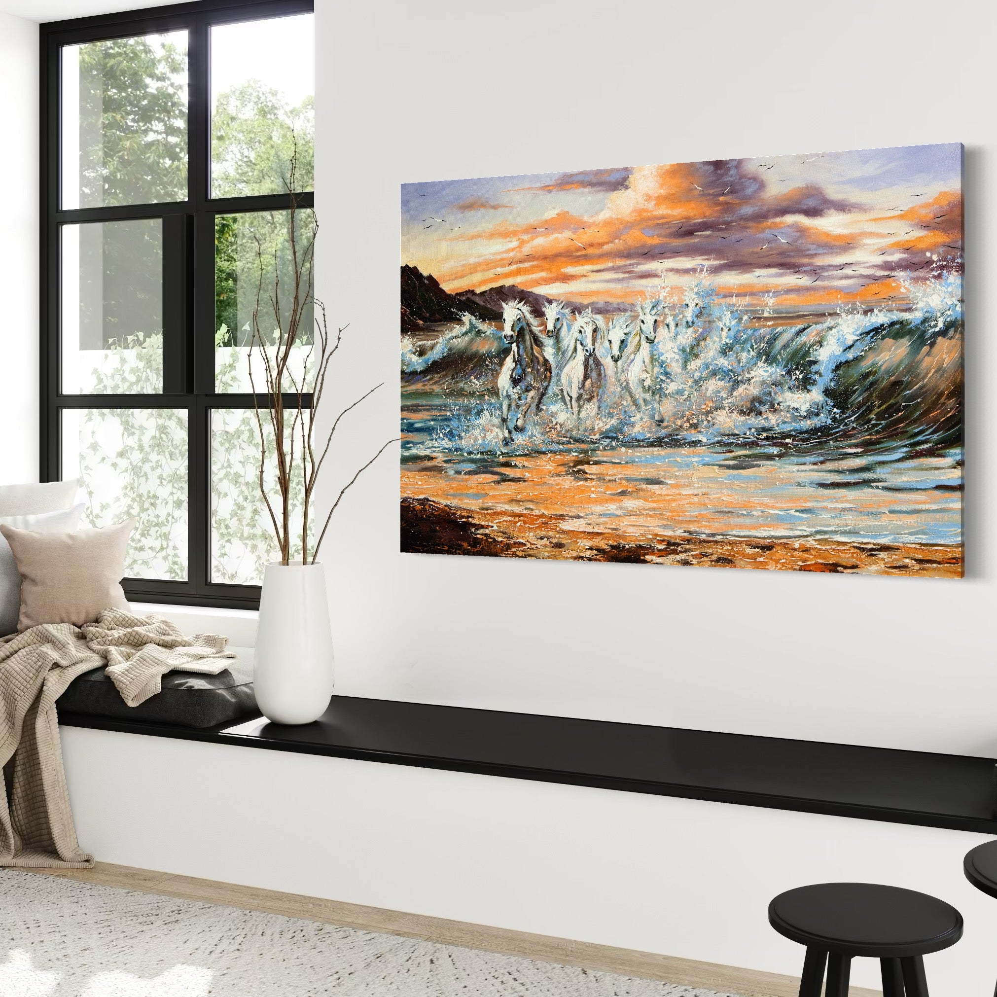 Tablou Canvas Premium LuxCanva® C1009, Cai Iesind Din Mare , Living, Dormitor, Birou, Relaxare, Culori Vibrante