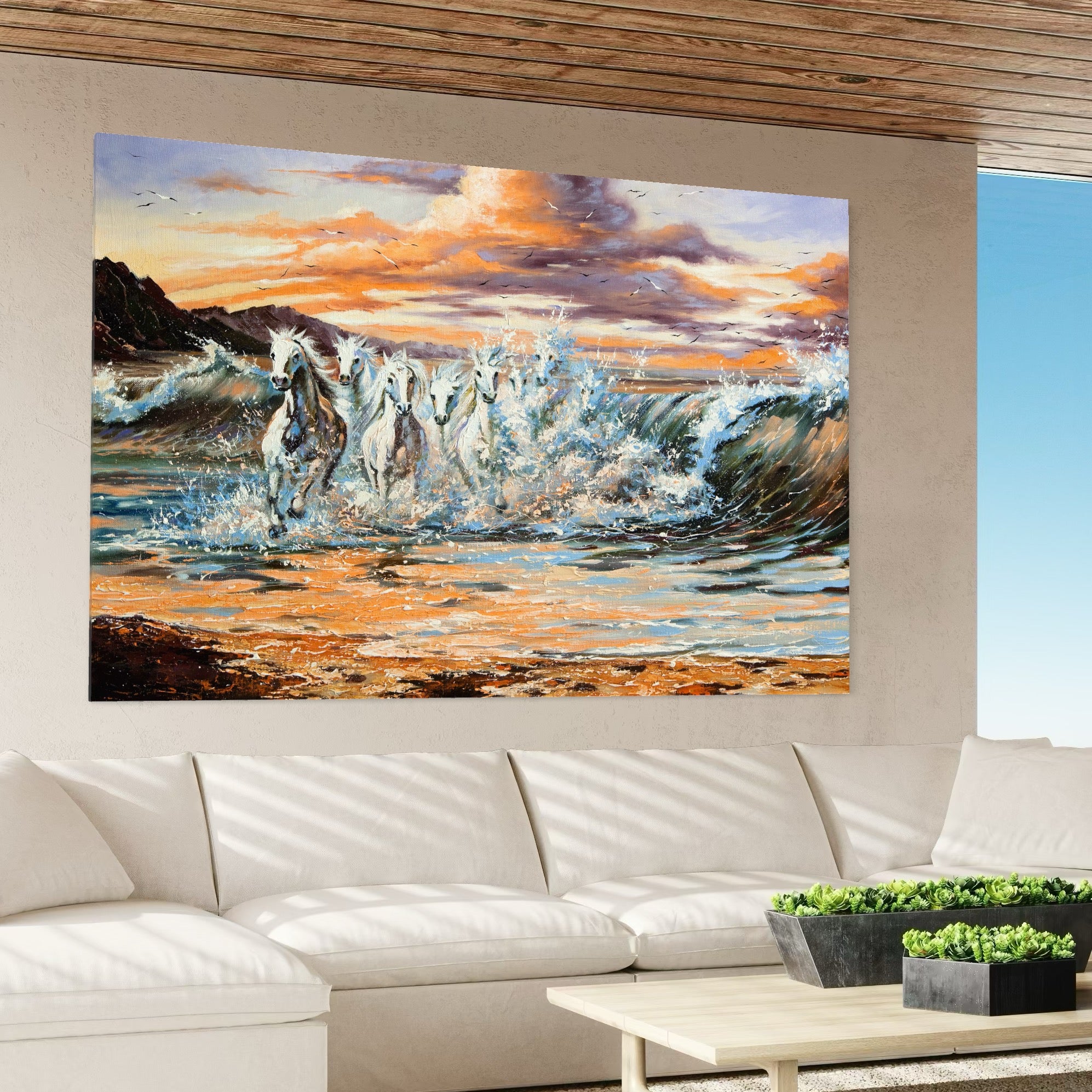 Tablou Canvas Premium LuxCanva® C1009, Cai Iesind Din Mare , Living, Dormitor, Birou, Relaxare, Culori Vibrante