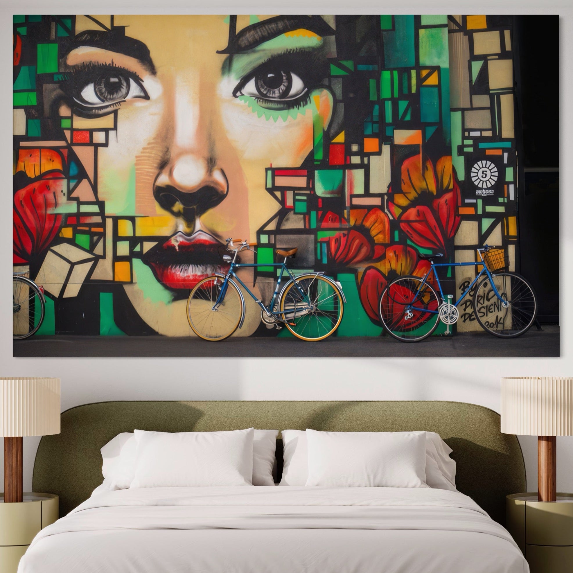 Tablou Canvas Premium LuxCanva® A1332, Graffiti Wall Art , Camera Copil, Biciclete, Arta Stradala, Femeie, Studio, Culori Vibrante
