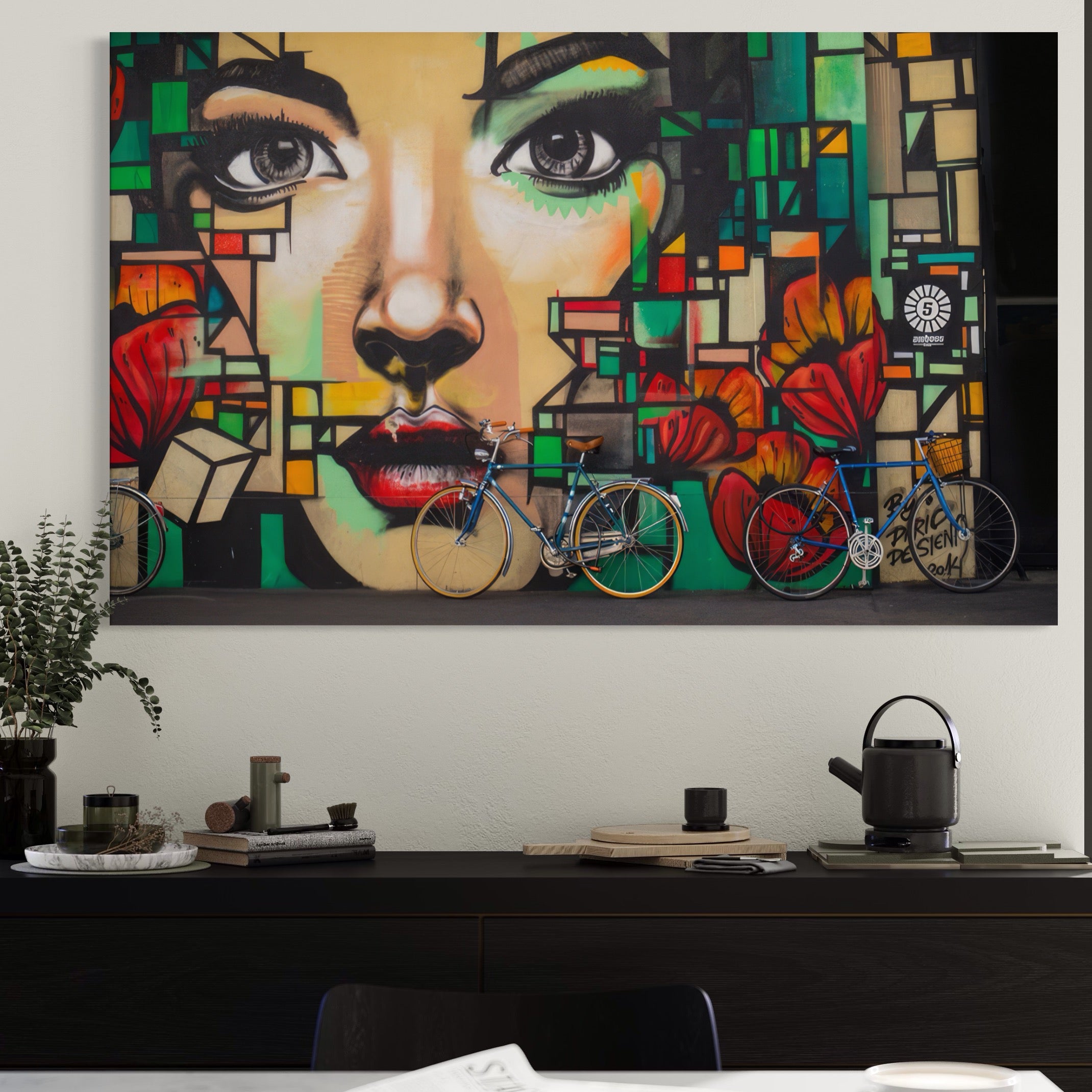 Tablou Canvas Premium LuxCanva® A1332, Graffiti Wall Art , Camera Copil, Biciclete, Arta Stradala, Femeie, Studio, Culori Vibrante