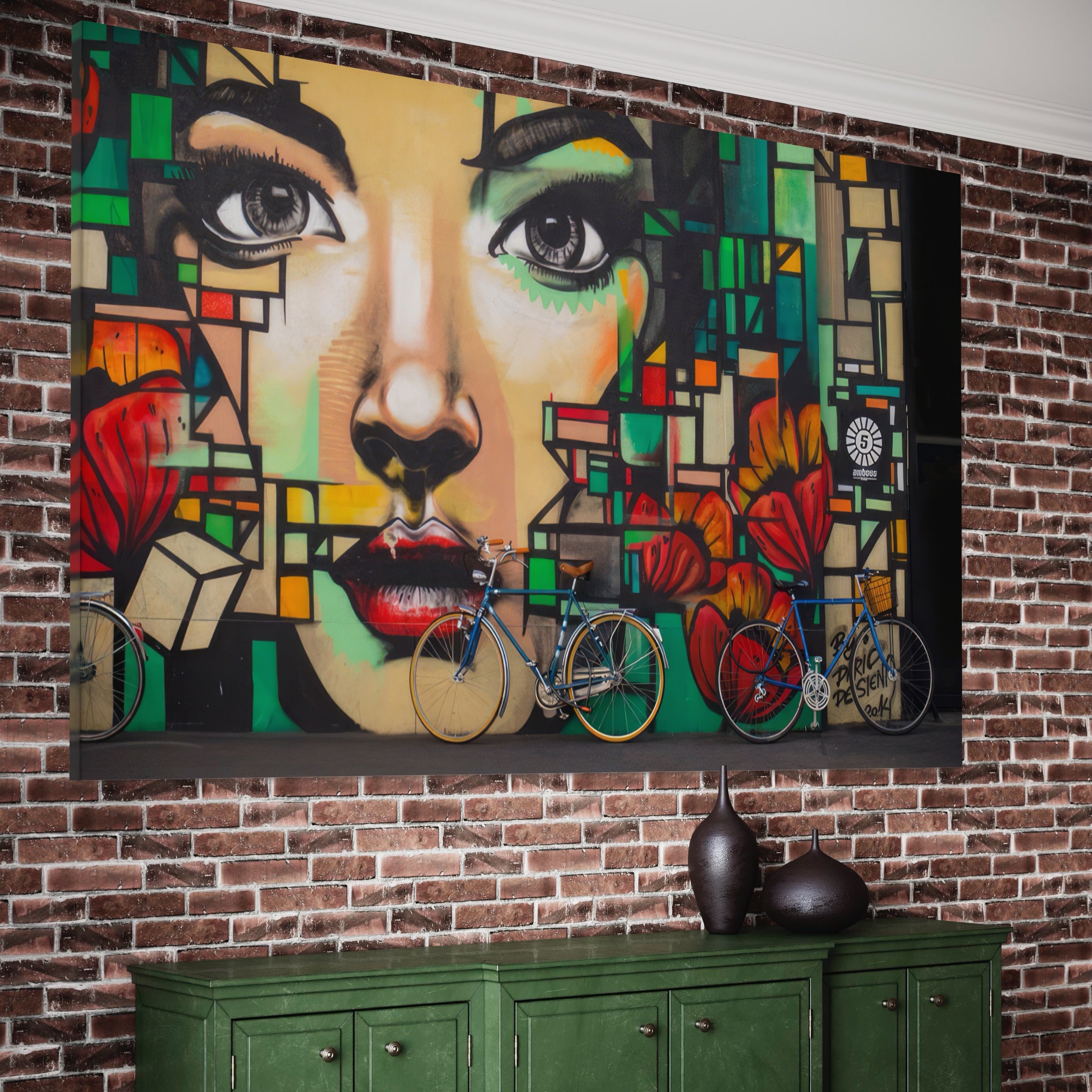 Tablou Canvas Premium LuxCanva® A1332, Graffiti Wall Art , Camera Copil, Biciclete, Arta Stradala, Femeie, Studio, Culori Vibrante