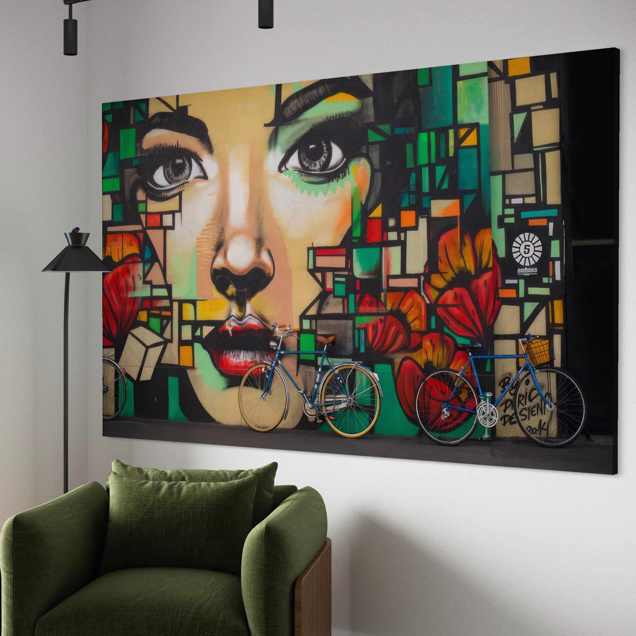 Tablou Canvas Premium LuxCanva® A1332, Graffiti Wall Art , Camera Copil, Biciclete, Arta Stradala, Femeie, Studio, Culori Vibrante