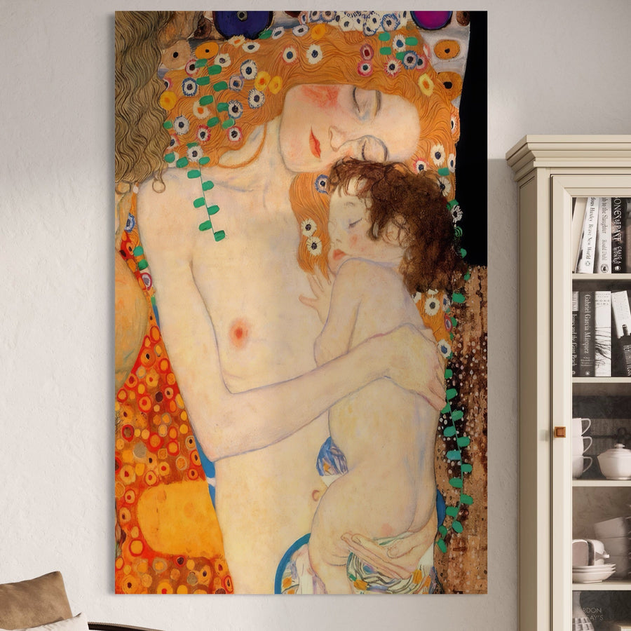 Tablou Canvas Premium LuxCanva® A1330 - The Three Ages Of The Woman de Gustav Klimt: o scenă emoționantă cu mamă și copil, culori vibrante și detalii artistice, perfectă ca decor pe perete. Brand: LuxCanva®.