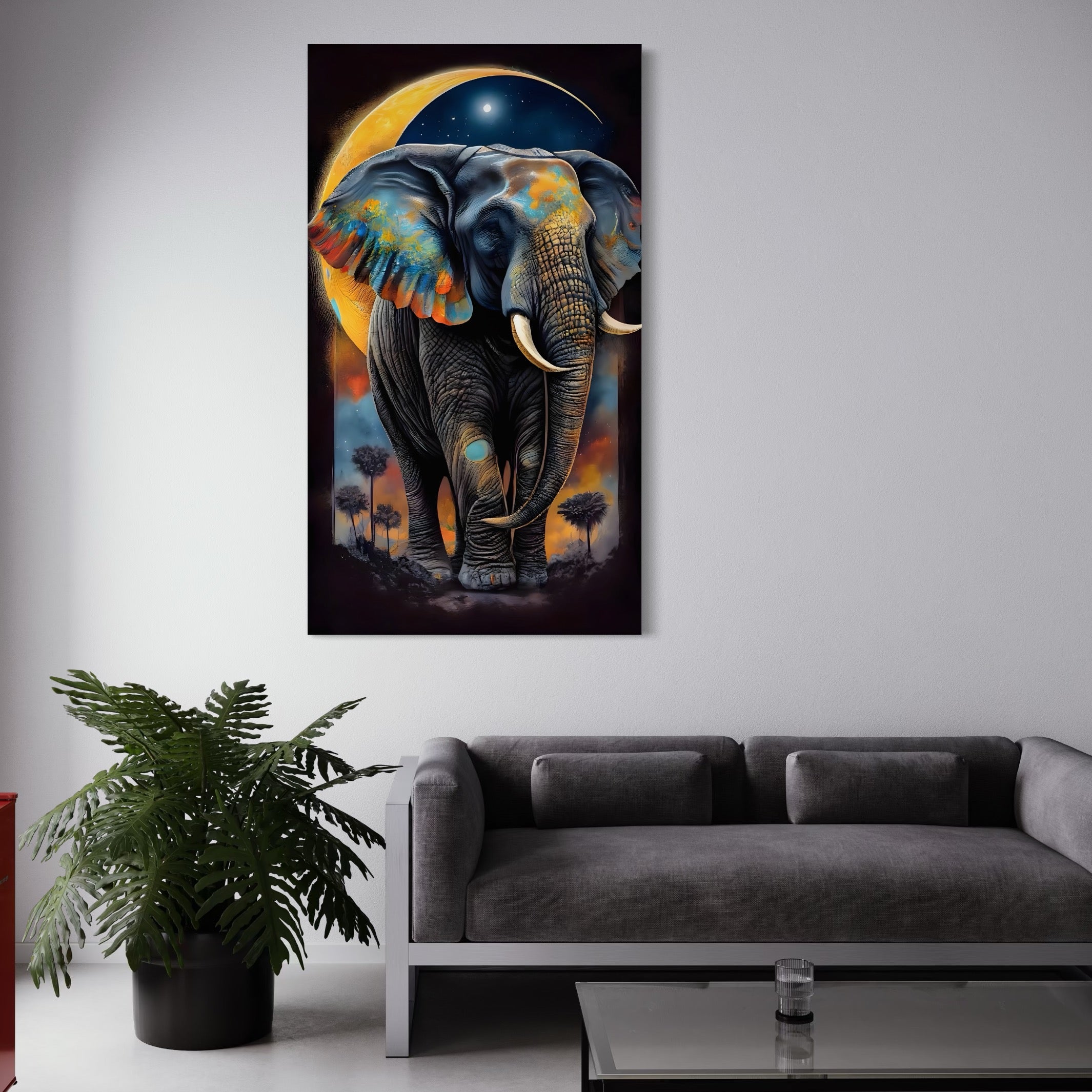 Tablou Canvas Premium LuxCanva® C1012, Elefant Sub Cerul Instelat , Elefant, Safari, Luna, Living, Dormitor, Birou, Relaxare, Culori Vibrante