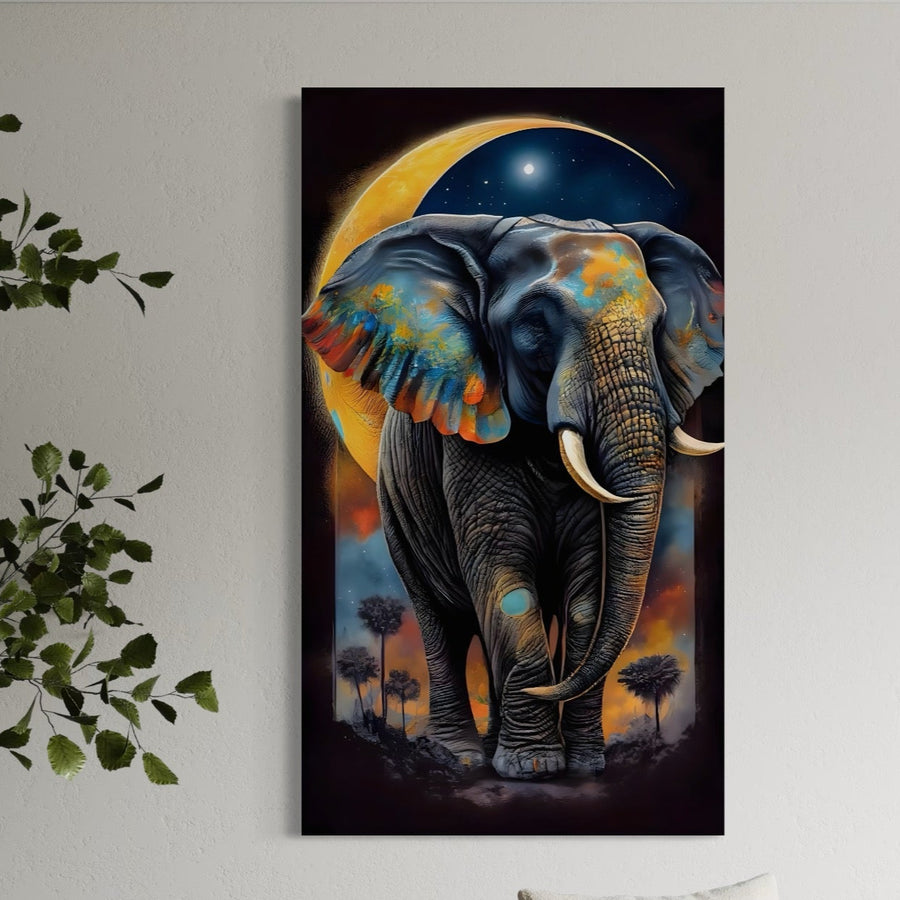 Tablou Canvas Premium LuxCanva® C1012, Elefant Sub Cerul Înstelat, impresionează prin tonurile vibrante de albastru și portocaliu ale unui elefant sub un cer înstelat - perfect pentru camere de zi, dormitoare sau birouri. Brand: LuxCanva®.
