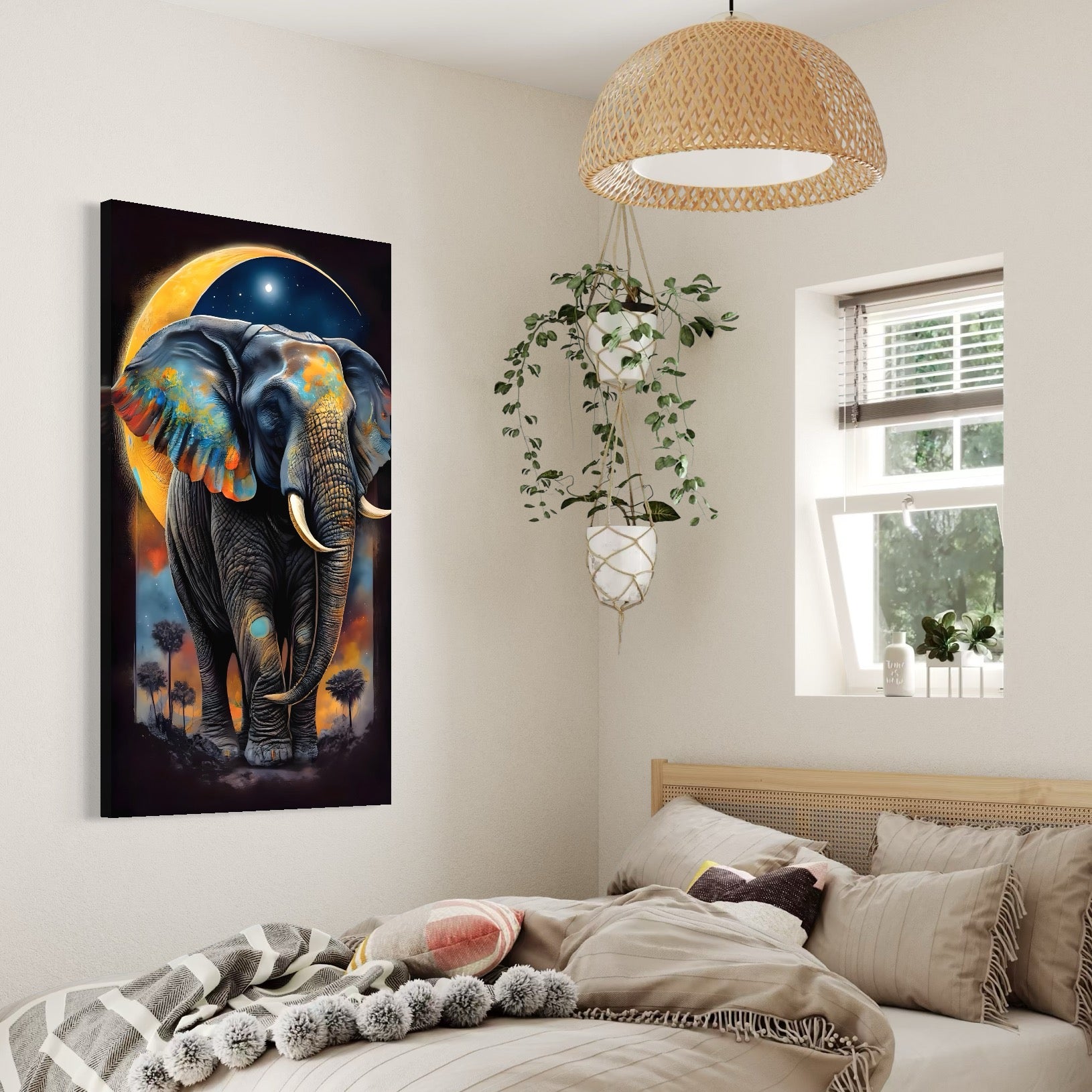 Tablou Canvas Premium LuxCanva® C1012, Elefant Sub Cerul Instelat , Elefant, Safari, Luna, Living, Dormitor, Birou, Relaxare, Culori Vibrante