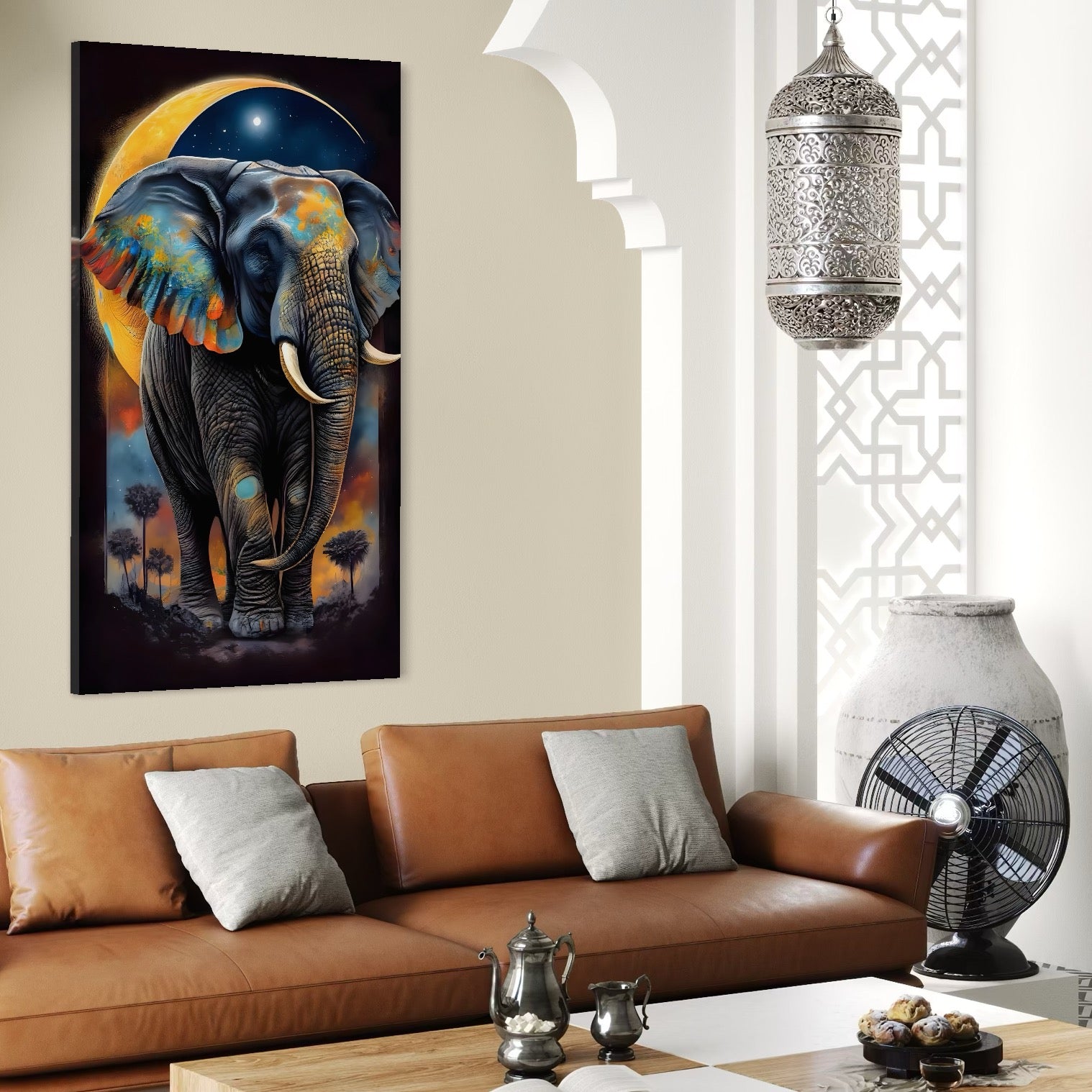 Tablou Canvas Premium LuxCanva® C1012, Elefant Sub Cerul Instelat , Elefant, Safari, Luna, Living, Dormitor, Birou, Relaxare, Culori Vibrante