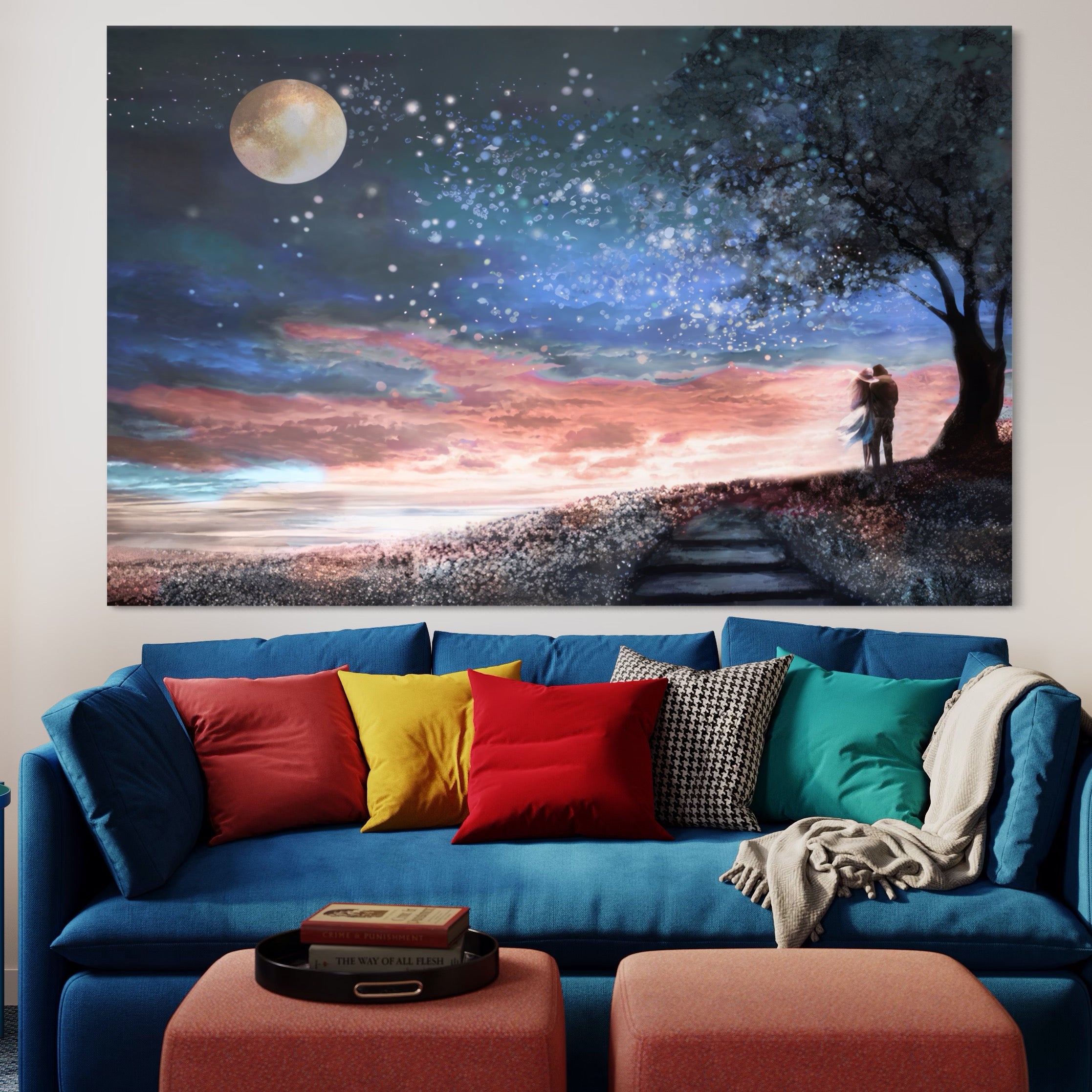 Tablou Canvas Premium LuxCanva® A1328, Romantic Couple , Living, Iubire, Cuplu, Luna, Stele, Dormitor, Culori Vibrante