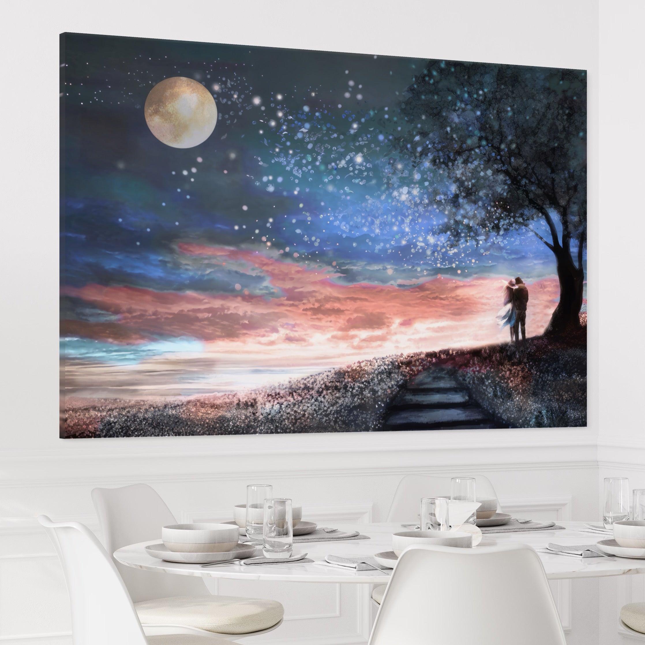 Tablou Canvas Premium LuxCanva® A1328, Romantic Couple , Living, Iubire, Cuplu, Luna, Stele, Dormitor, Culori Vibrante