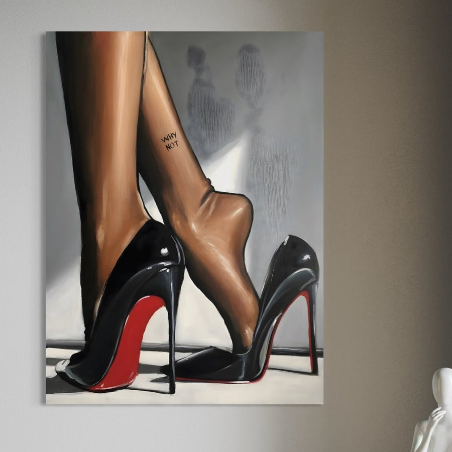 Tablou Canvas Premium LuxCanva® C1015 LuxCanva® prezintă tocuri înalte cu talpă roșie și un mesaj "WHY NOT", reprezentat în culori vibrante - perfect pentru sufragerii, dormitoare sau birouri pentru a adăuga un accent îndrăzneț și modern.