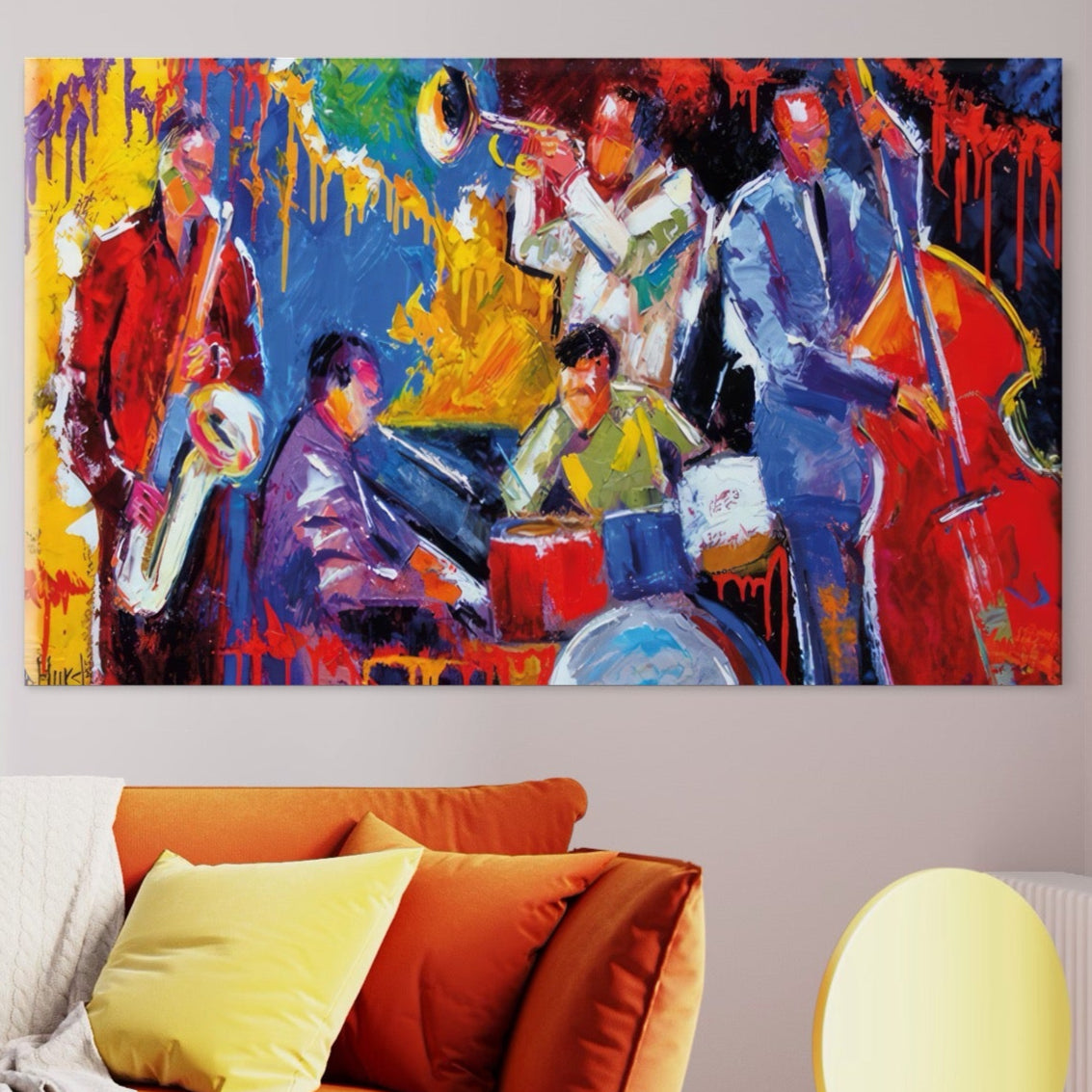 Tablou Canvas Premium LuxCanva® A1325, Colorful Jazz Art ,  Living, Muzica, Instrumente Muzicale, Formatie, Dormitor, Culori Vibrante