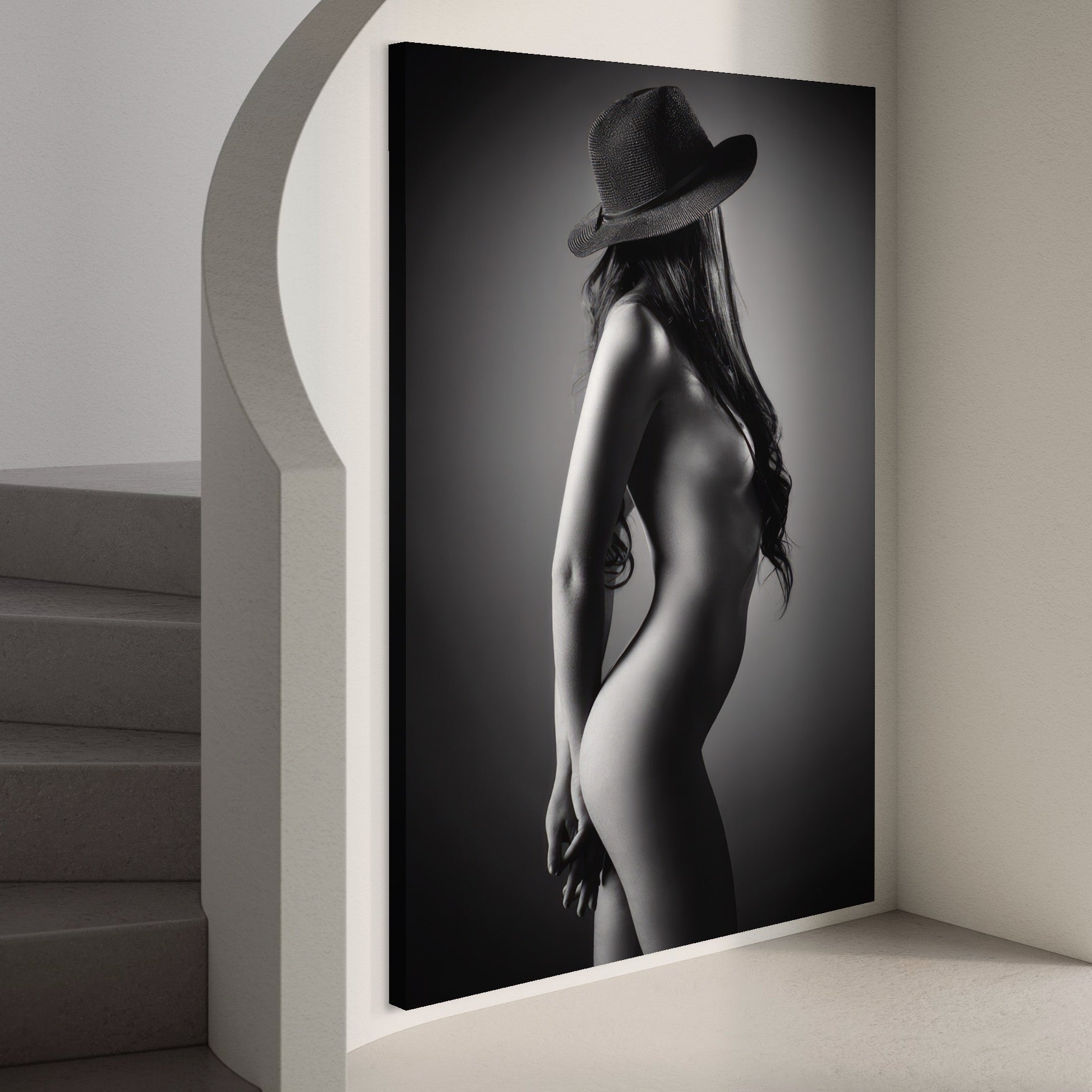 Tablou Canvas Premium LuxCanva® A1324, Sexy Girl , Living, Nude, Palarie, Senzual, Femeie, Dresing, Culori Vibrante