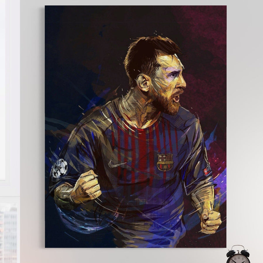 Tablou Canvas Premium LuxCanva® A1322 cu Lionel Andrés Messi, în echipamentul FC Barcelona, surprins plin de determinare pe fund închis. Print de calitate superioară, culori vibrante. Marca LuxCanva®.