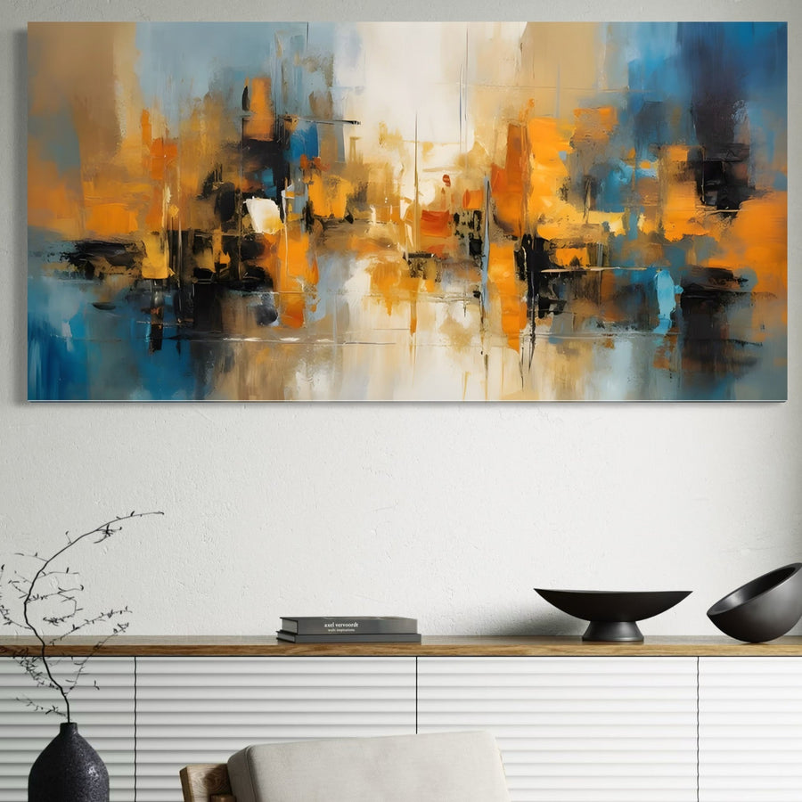 Tablou Canvas Premium A1624, Reflexie Colorata LuxCanva®, cu culori abstracte vibrante și contraste îndrăznețe, decorează un perete alb deasupra unei mese consolă moderne împodobită cu boluri, cărți și o vază minimalistă în cameră.