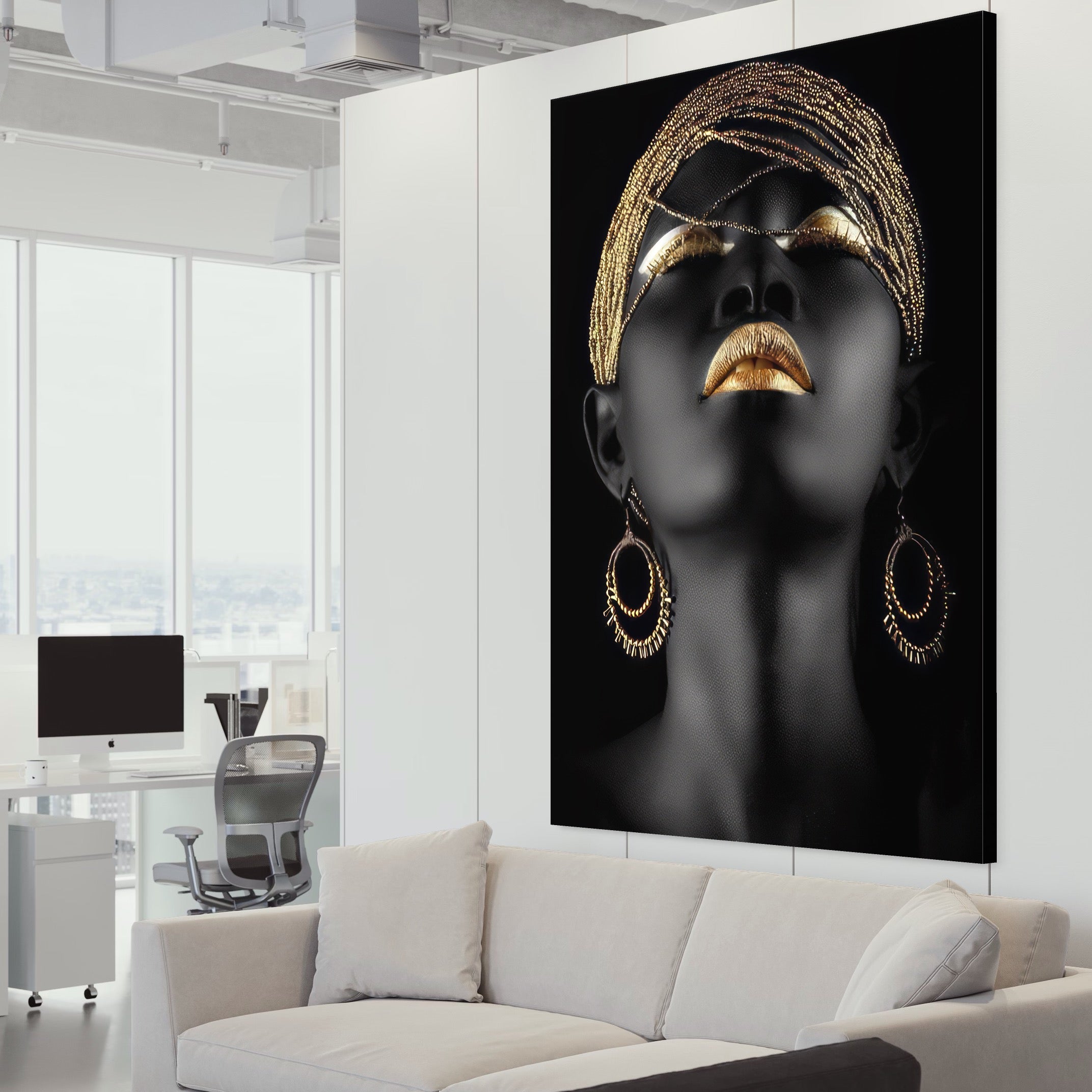 Tablou Canvas Premium LuxCanva® A1319, Black Woman , Living, Femeie, Auriu, Africa, Dormtior, Culori Vibrante