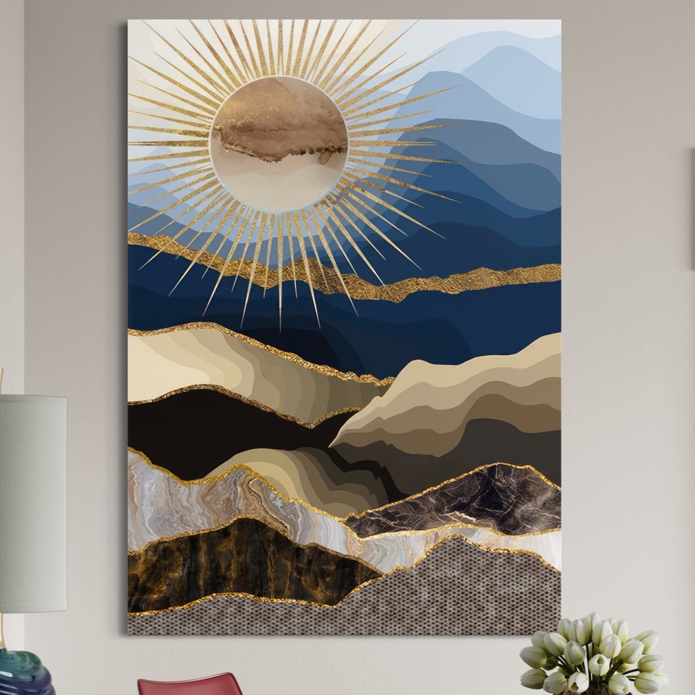 Tablou Canvas Premium LuxCanva® A1318, Abstract Mountain ,  Living, Munte, Soare, Auriu, Dormtior, Culori Vibrante