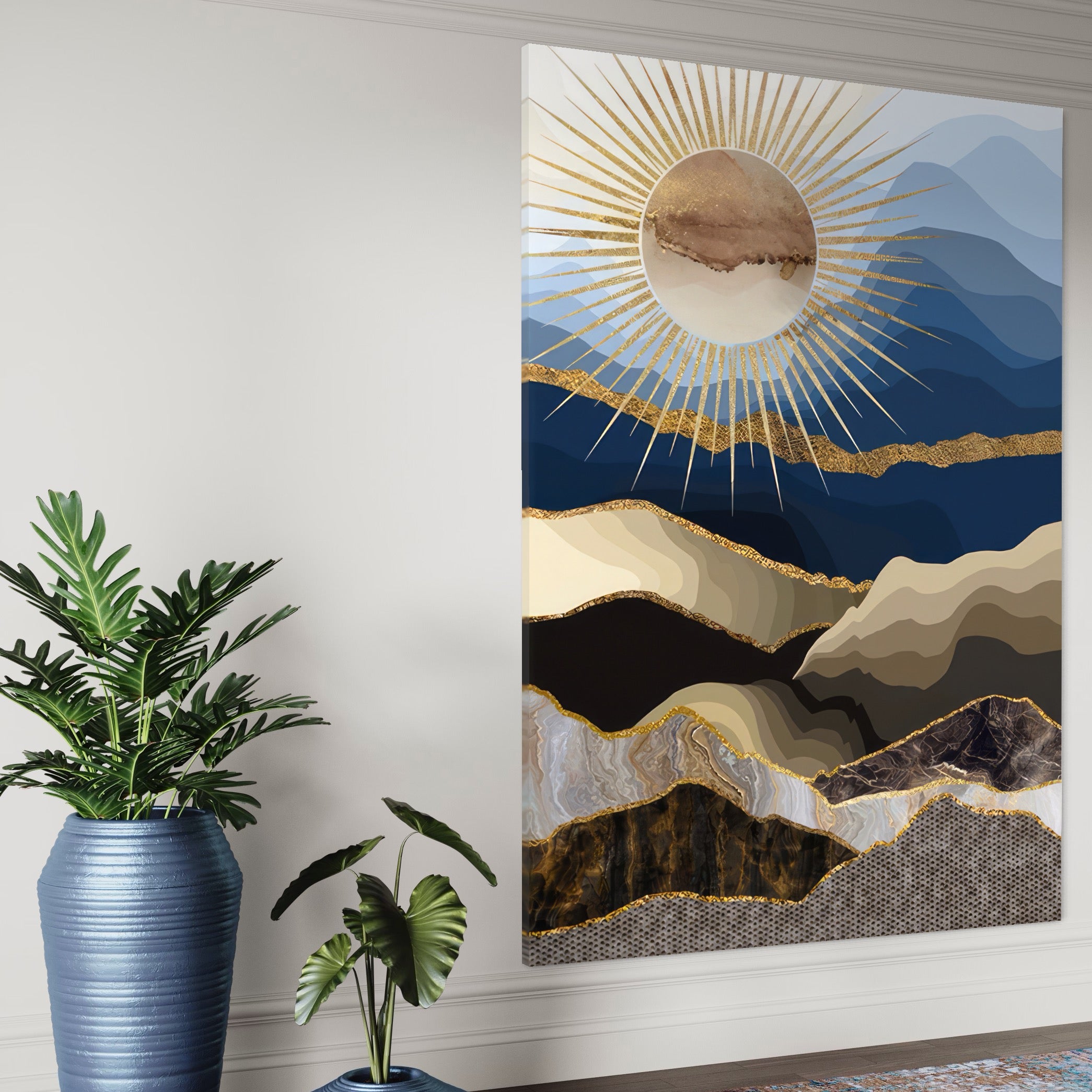 Tablou Canvas Premium LuxCanva® A1318, Abstract Mountain ,  Living, Munte, Soare, Auriu, Dormtior, Culori Vibrante