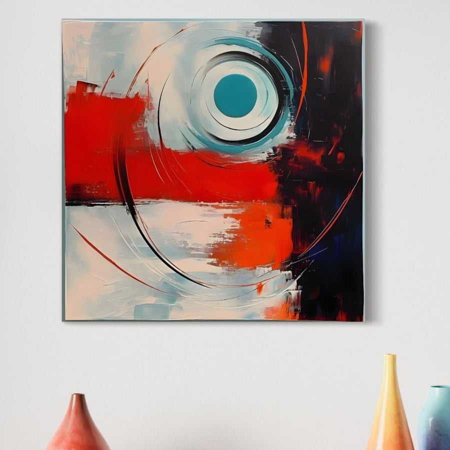 Tablou Canvas Premium LuxCanva® A1639, Viziune Abstracta, prezintă pensulații roșu, negru și alb cu un cerc teal sus și trei vaze colorate jos. Print pe pânză premium de la LuxCanva® oferă un impact vizual impresionant decorului tău.