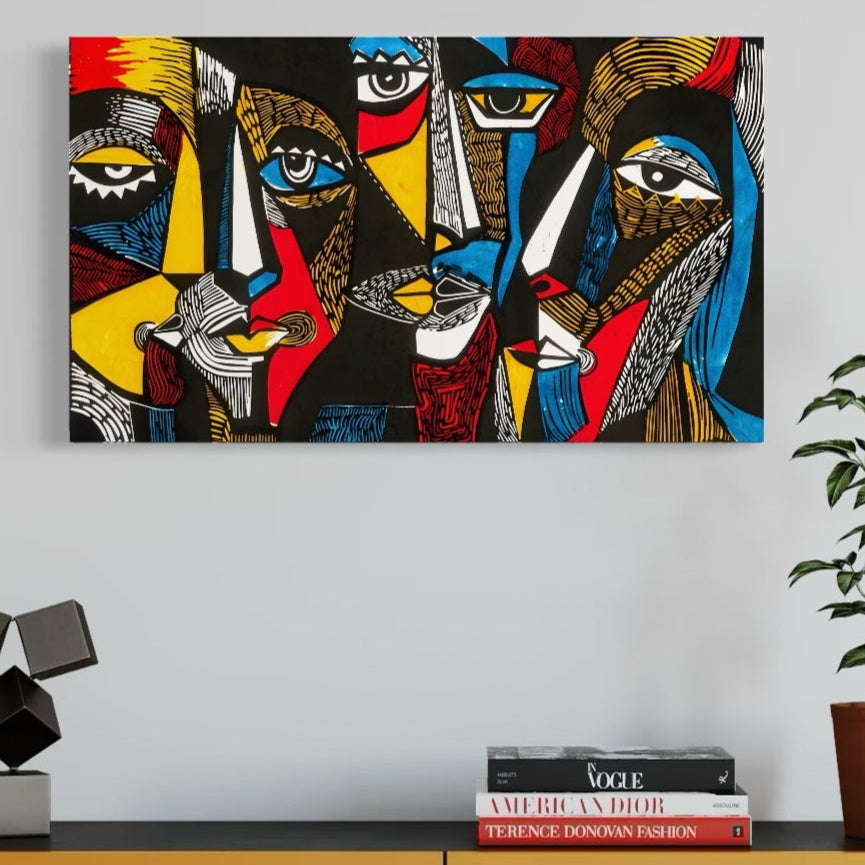 Adăugați o notă vibrantă camerei dvs. cu Tablou Canvas Premium A1638 de la LuxCanva®, cu fețe abstracte, colorate - o artă murală perfectă pentru dormitoare sau spații de locuit.