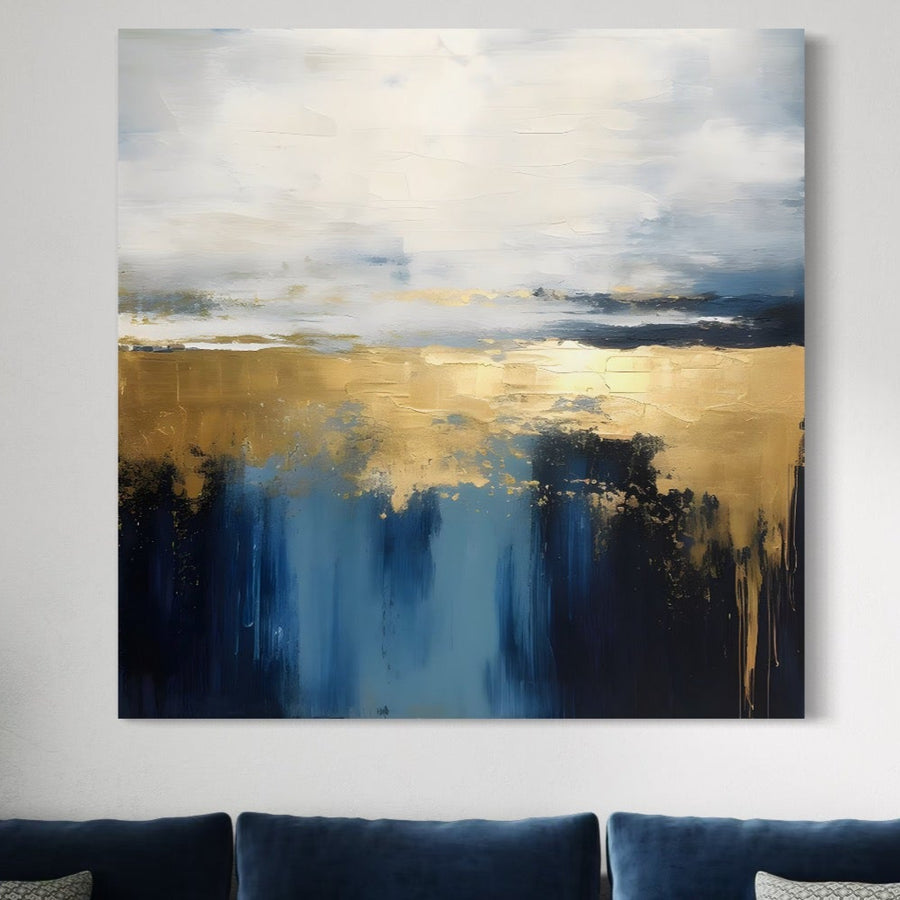 Tabloul LuxCanva® Tablou Canvas Premium LuxCanva® A1637 "Adancul Marii" prezintă texturi abstracte vibrante cu alb, gri, o bandă centrală aurie și nuanțe de albastru intens - o atingere elegantă pentru orice cameră sau dormitor.