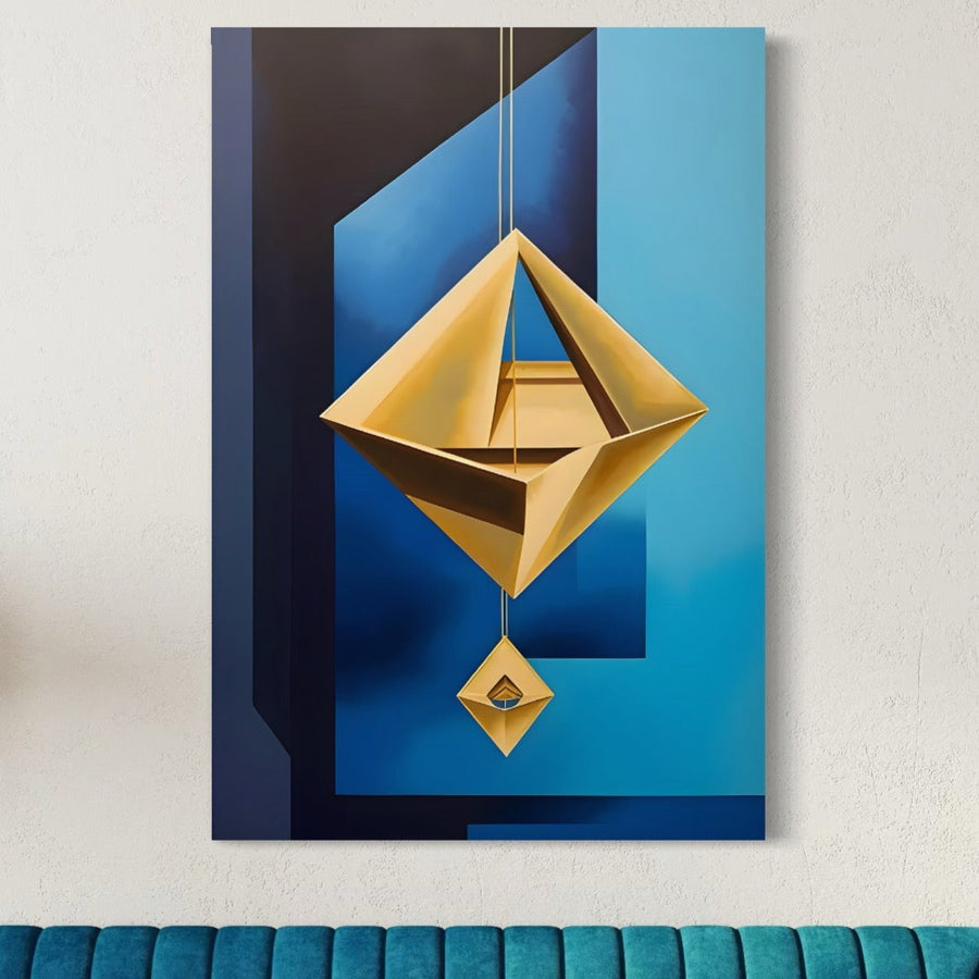 Adăugați eleganță vibrantă sufrageriei sau dormitorului dvs. cu Tablou Canvas Premium A1632 "Amuleta" de la LuxCanva®, cu forme geometrice de diamante aurii pe albastru - decor modern perfect pentru orice interior.