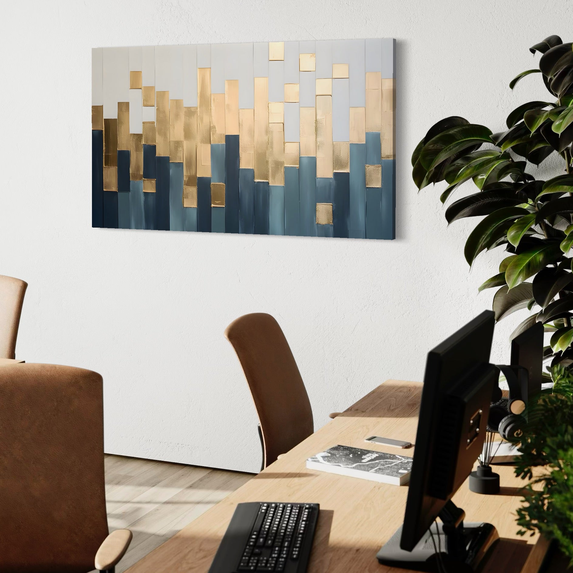 Tablou Canvas Premium LuxCanva® A1630, Mozaic Auriu , Living, Patrate, Turcoaz, Ploaie, Decorativ, Dormitor, Culori Vibrante