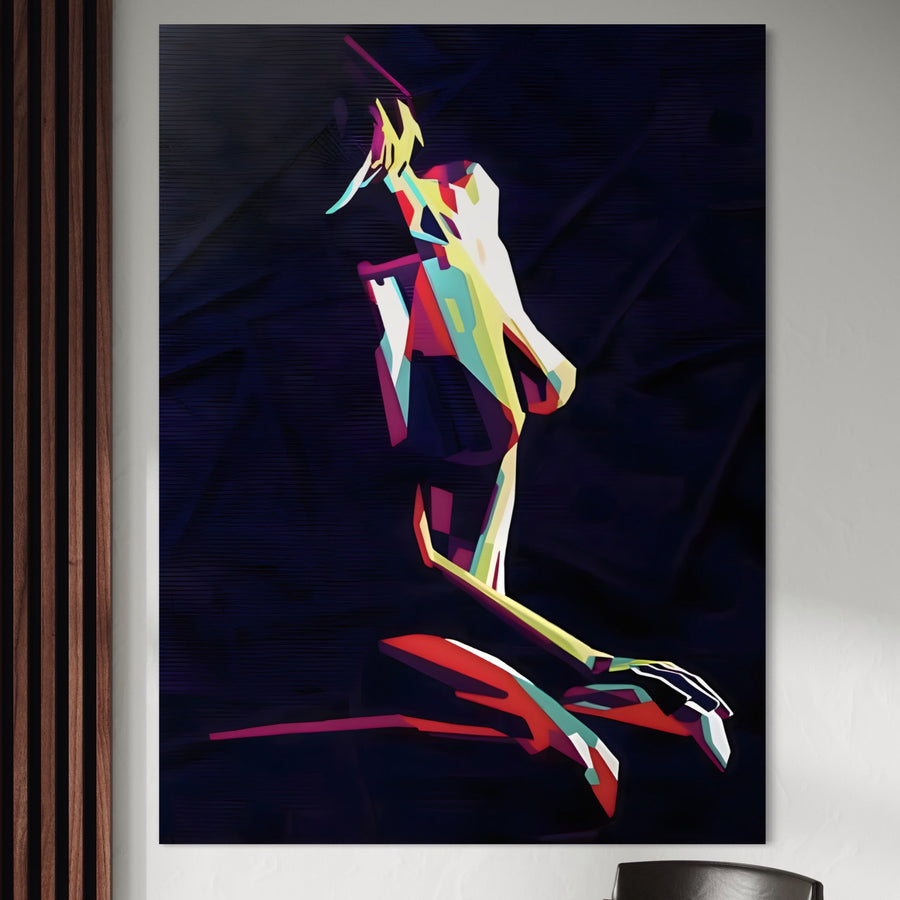 Descoperiți Tablou Canvas Premium LuxCanva® A1308: artă digitală abstractă a unei femei senzuale îngenuncheate formată din forme geometrice vibrante. Perfectă pentru dormitor, această piesă modernă oferă print premium de calitate pe panza bumbac by LuxCanva®.
