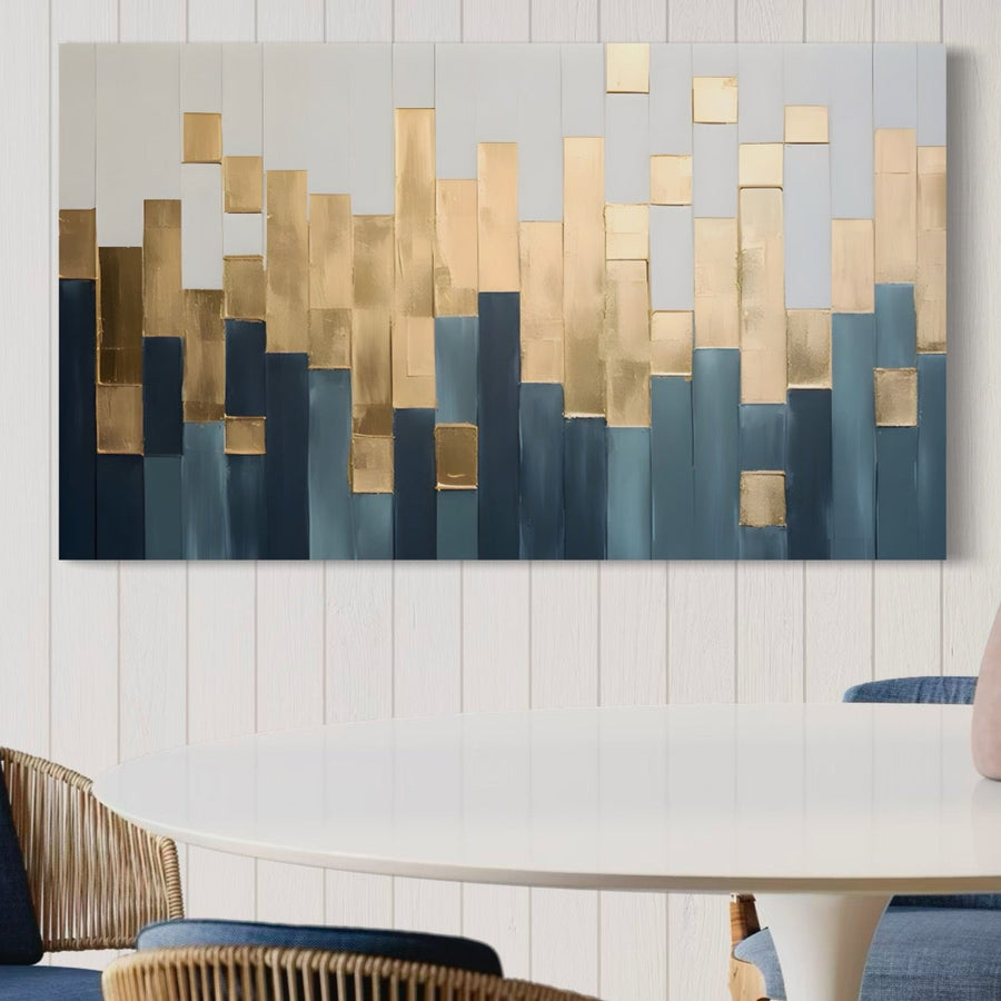 Tablou Canvas Premium LuxCanva® A1630, Mozaic Auriu cu patrate turcoaz și ploaie decorativă, aduce culori vibrante în living sau dormitor-tablouri canvas pe pânză bumbac, elegante, de la LuxCanva®.