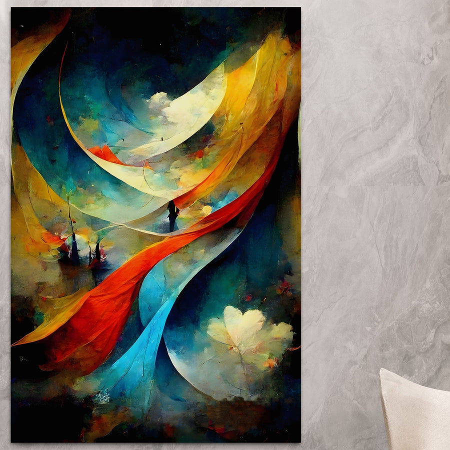 Tablou Canvas premium LuxCanva® A1307 "Sweet Dream" prezintă culori abstracte vibrante și motive de vis, perfecte pentru camera de zi sau dormitor. Afișat pe un perete gri texturat, acesta adaugă fler artistic și eleganță modernă decorului tău.