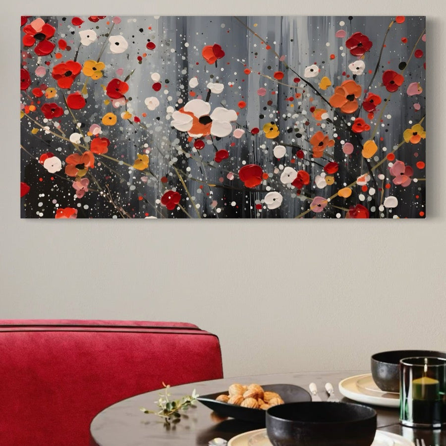 Tablou Canvas Premium LuxCanva® LuxCanva® A1629, cu flori minime vibrante, adaugă o notă decorativă livingului sau dormitorului cu designul său abstract colorat pe pânză, perfect deasupra unei mese de dining moderne.